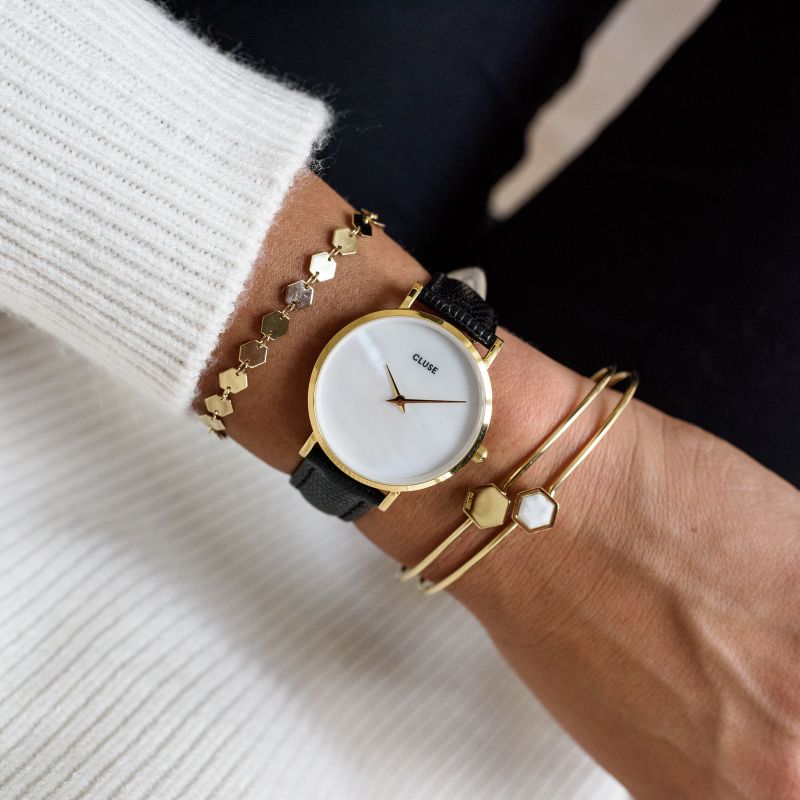 Cluse CL30048 La Boheme Gold White Pearl/Black Lizard zegarek damski klasyczny mineralne - miniatura 5