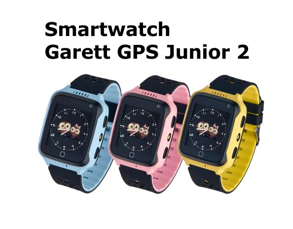 Różowy smartwatch Garett GPS Junior 2 dla dzieci, idealny do monitorowania aktywności i lokalizacji.