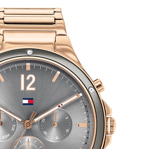 Zegarek damski Tommy Hilfiger model 1782277 Eve z różowymi indeksami i logo marki. Elegancki dodatek.