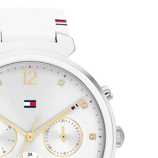 Zegarek damski Tommy Hilfiger Ivy 1782342 z delikatnymi kryształkami i złotymi wskazówkami.