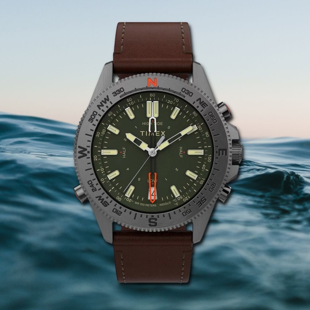 Zegarek Timex Expedition North z zieloną tarczą, wodoodporny do 10 ATM, z funkcją termometru.