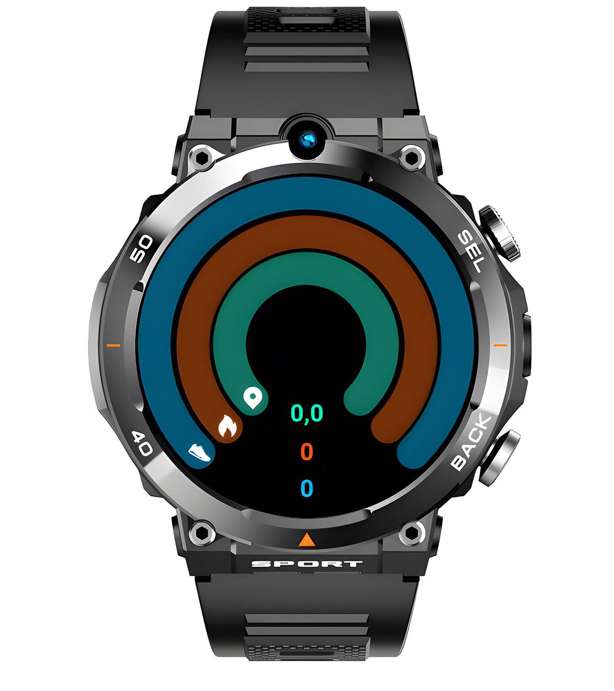 Czarny sportowy smartwatch z kolorowym cyferblatem oraz przyciskami 'SEL' i 'BACK'.