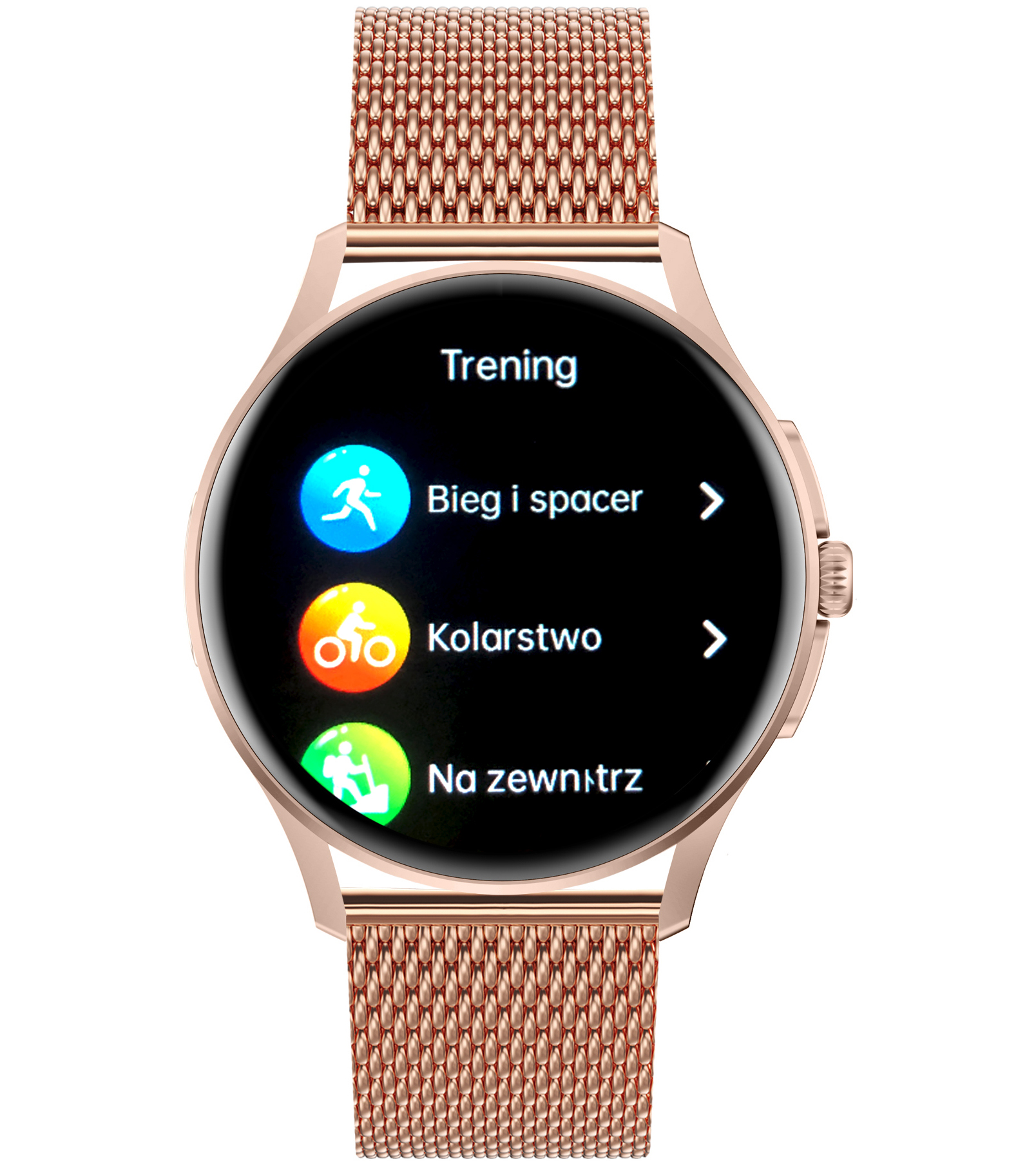 Damski smartwatch Enter Candice na różowej bransolecie mesh pokazujący menu różnorodnych treningów