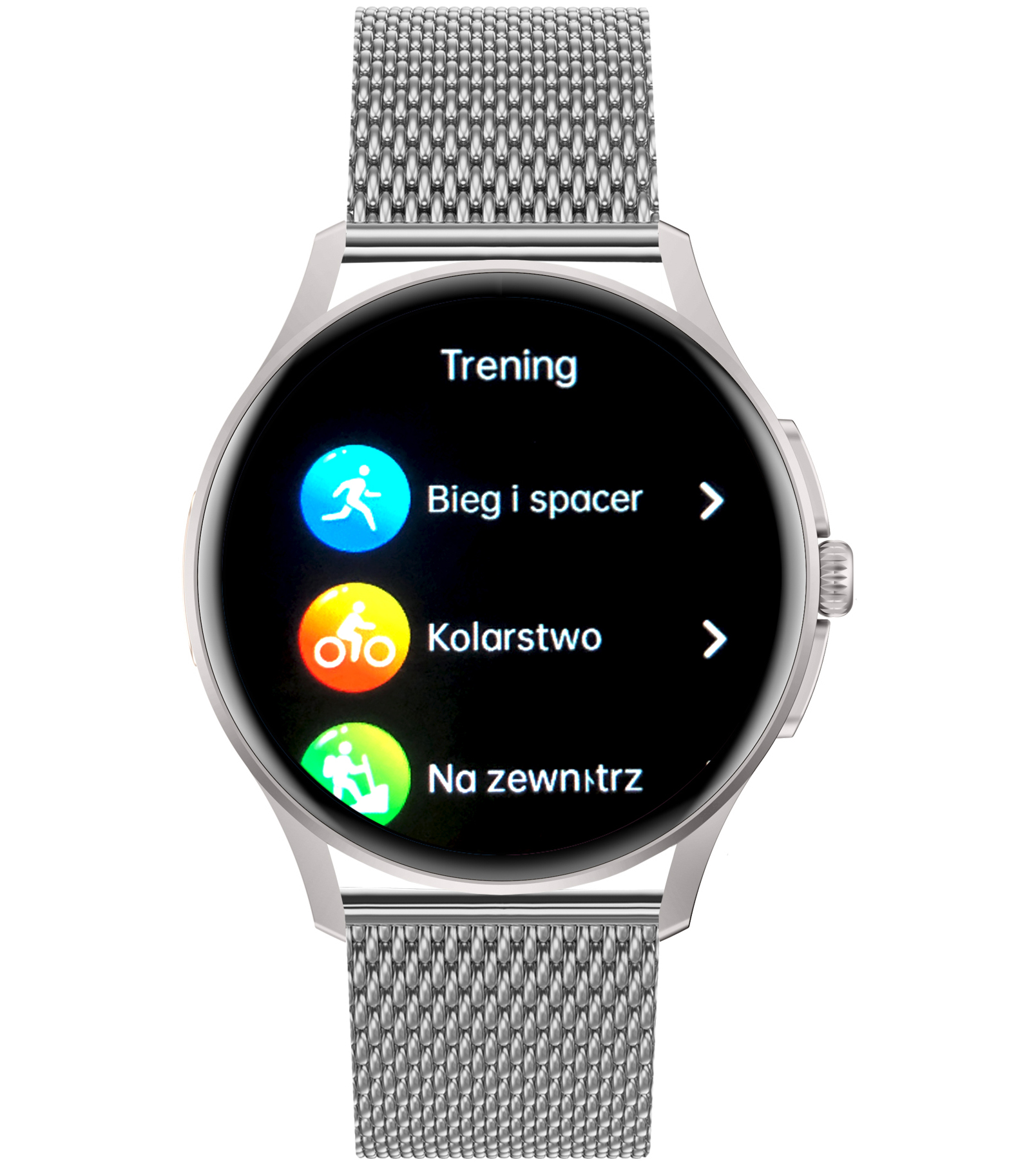 Damski smartwatch Enter Candice na srebrnej bransolecie mesh pokazujący menu różnorodnych treningów