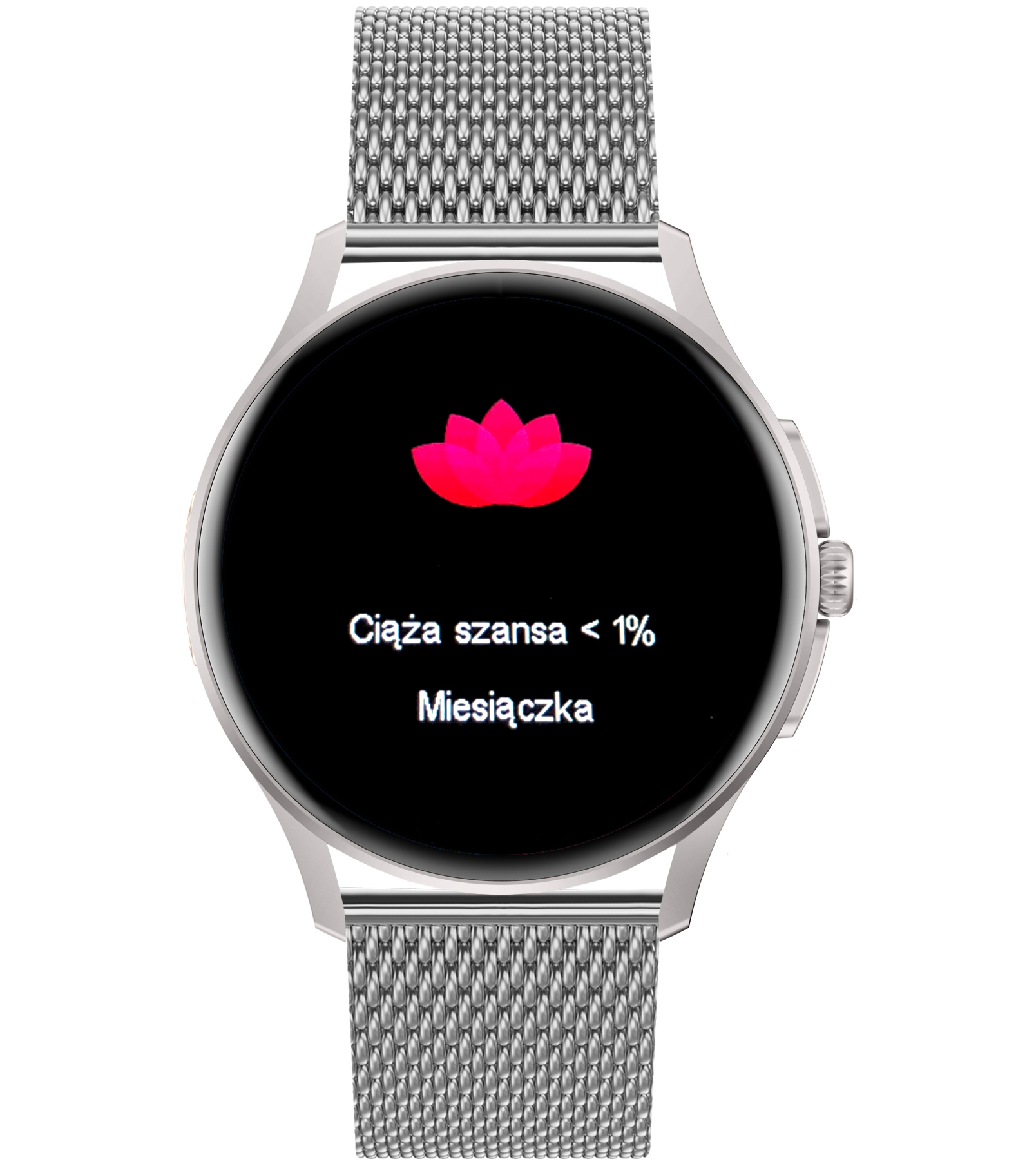 Damski smartwatch Enter Candice na srebrnej bransolecie mesh wyświetlający na tarczy funkcję śledzenia cyklu miesiączkowego