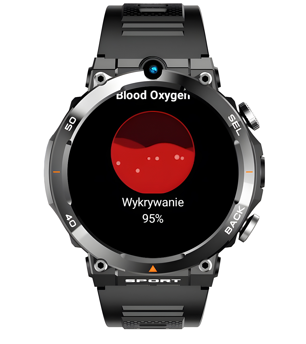 Czarny smartwatch z wyświetlaczem pokazującym poziom nasycenia krwi tlenem na poziomie 95%.