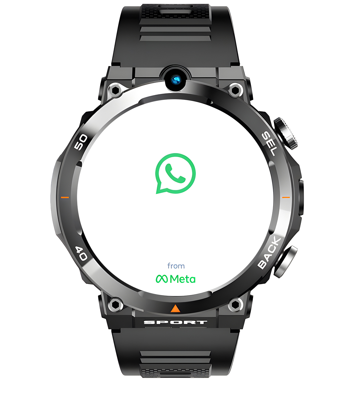 Cyfrowy zegarek sportowy z logo WhatsApp na ekranie i znakiem Meta poniżej, na czarnym pasku.