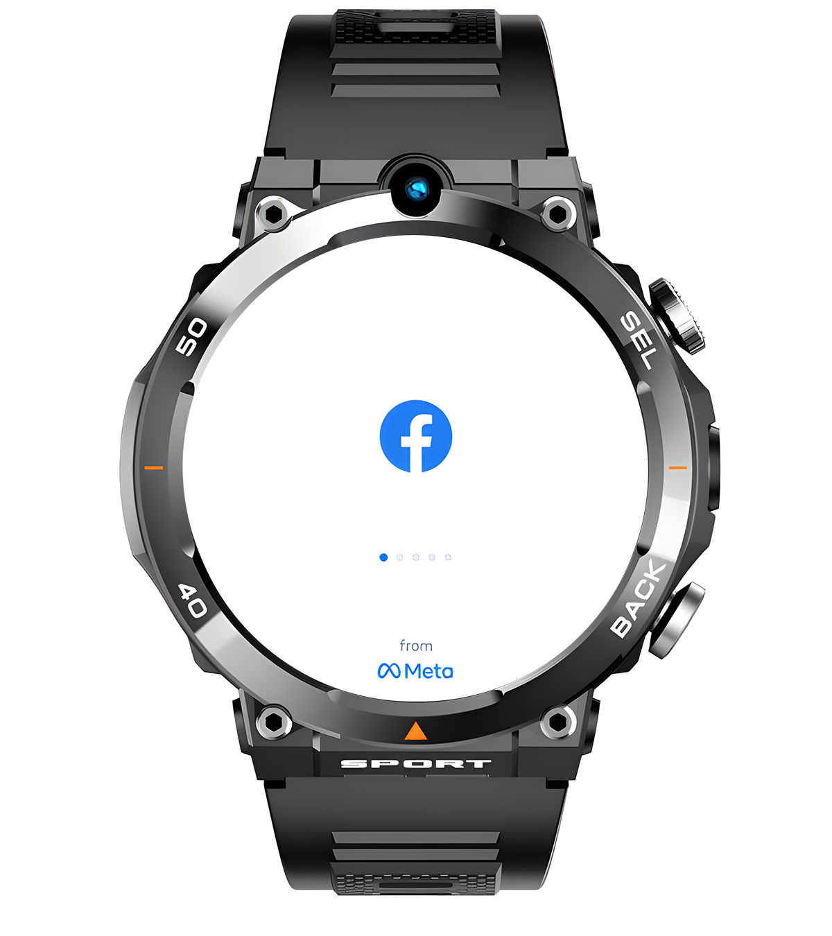 Zegarek sportowy z ekranem wyświetlającym logo Facebooka oraz napis from Meta na dole.