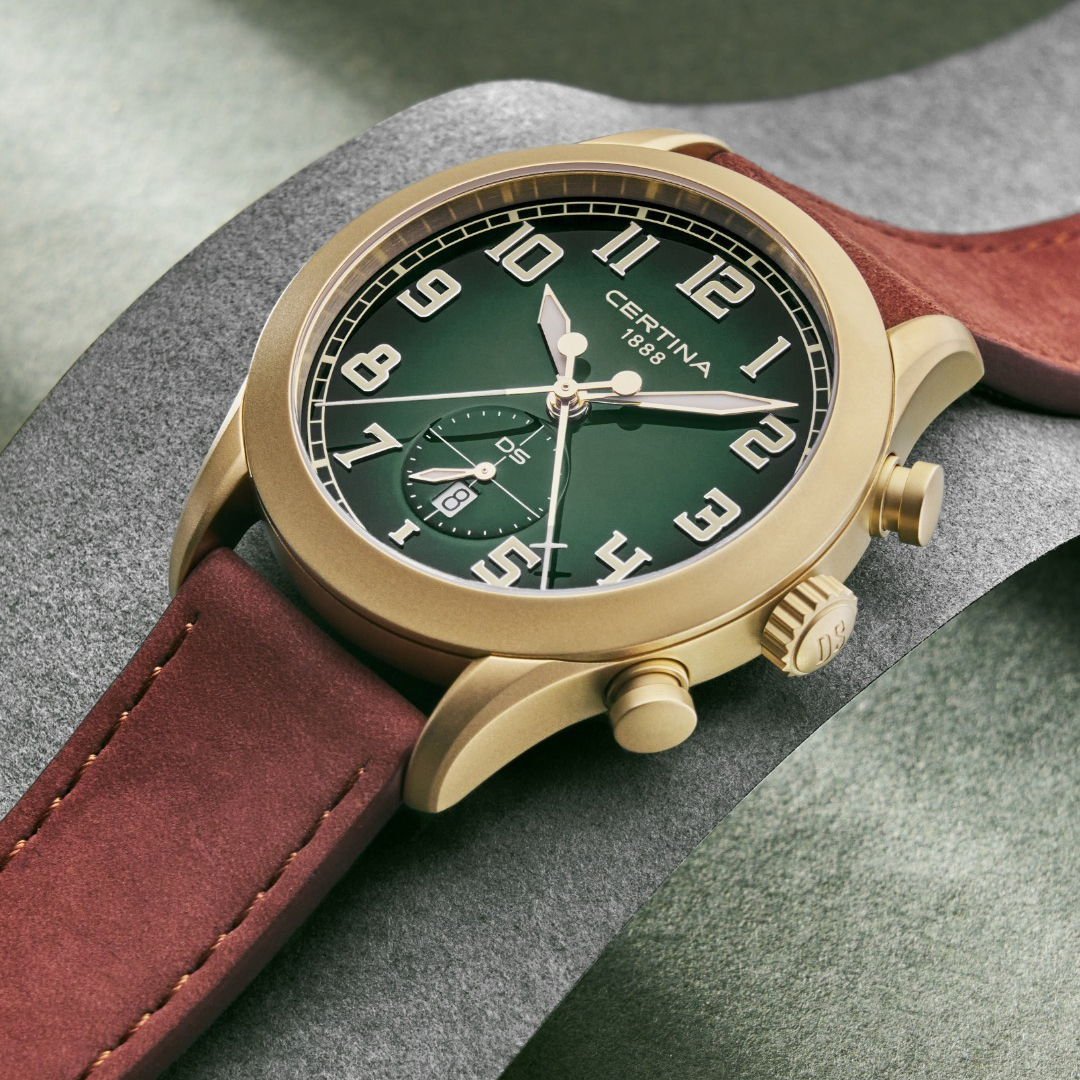 Zegarek męski Certina DS Pilot 43mm C024.617.36.092.00 z zieloną tarczą i paskiem skórzanym w kolorze brązowym