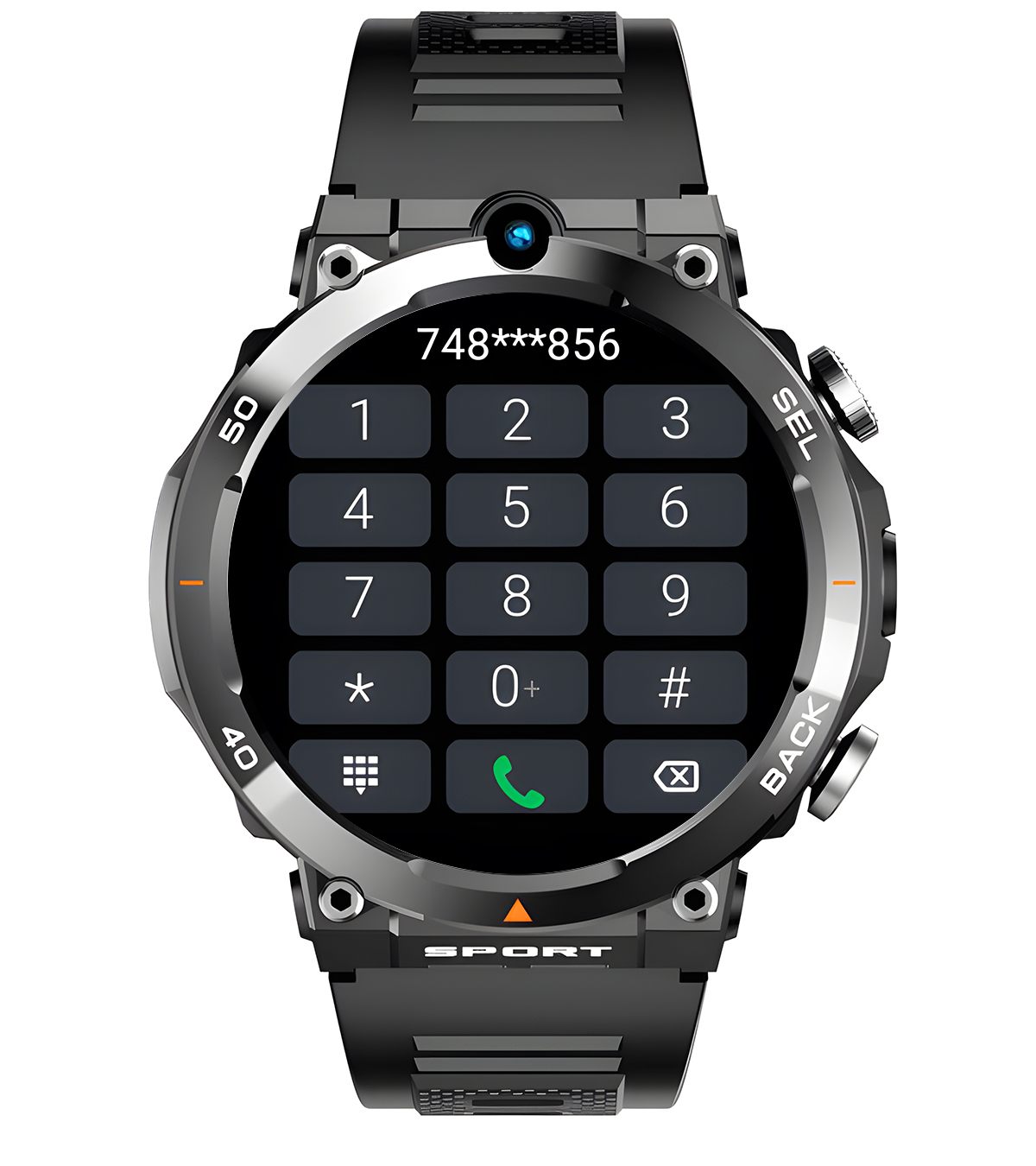 Zdjęcie czarnego smartwatcha sportowego z klawiaturą numeryczną i ikonami połączenia na tarczy.