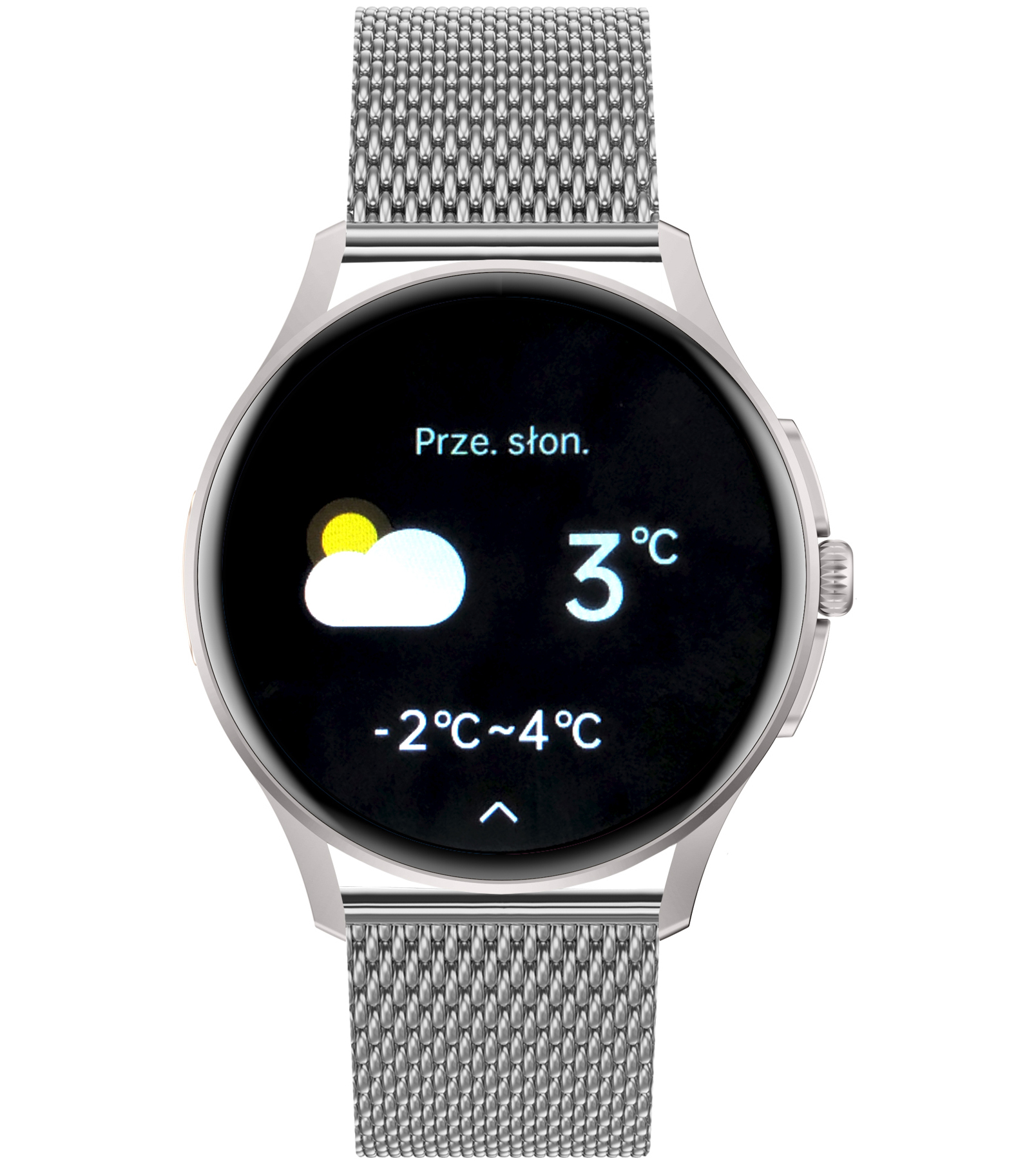 Damski smartwatch Enter Candice na srebrnej bransolecie mesh z dostępną funkcją informowania o aktualnej pogodzie