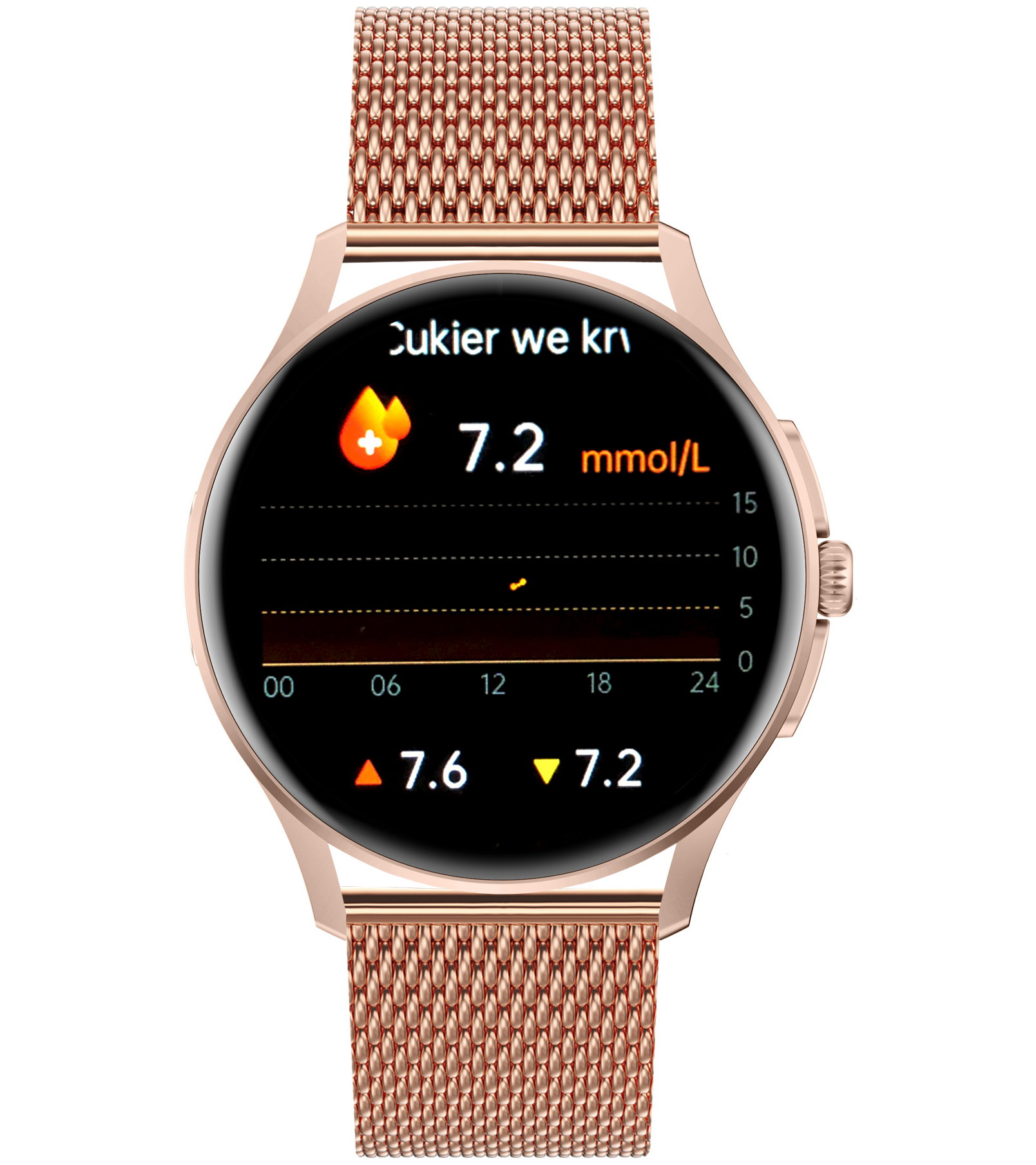 Zegarek Enter Candice na różowej bransolecie mesh z wyświetlaczem pokazującym poziom cukru we krwi 7.2 mmol/L