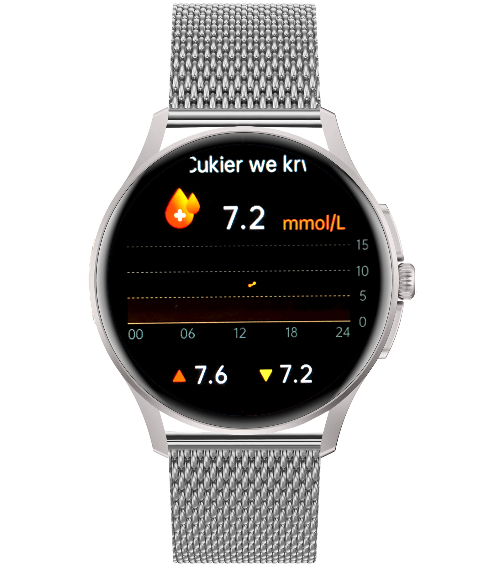 Zegarek Enter Candice na srebrenej bransolecie mesh z wyświetlaczem pokazującym poziom cukru we krwi 7.2 mmol/L
