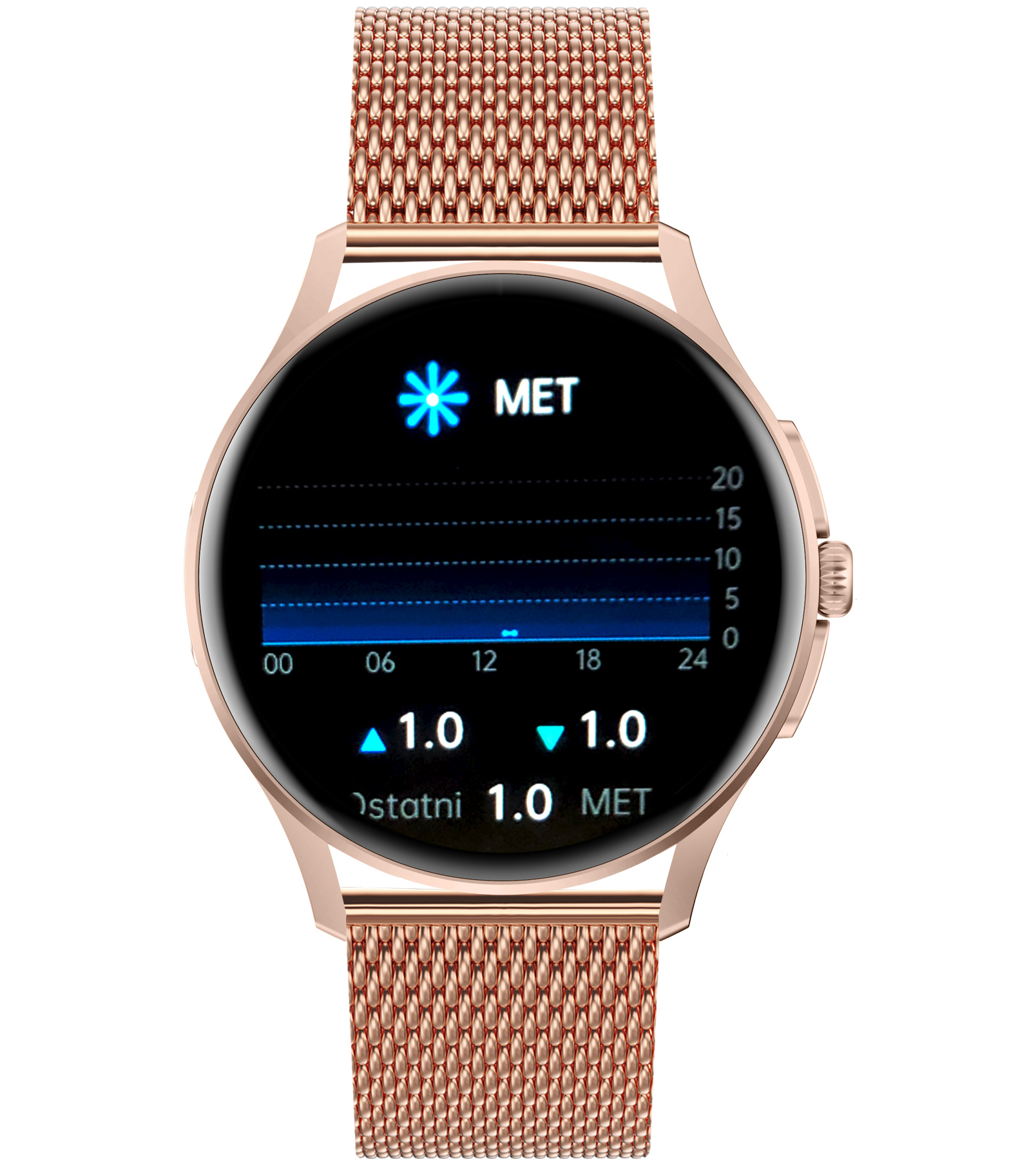 Damski smartwatch Enter Candice na różowej bransolecie mesh z dostępną funkcją monitora stresu widoczną na tarczy