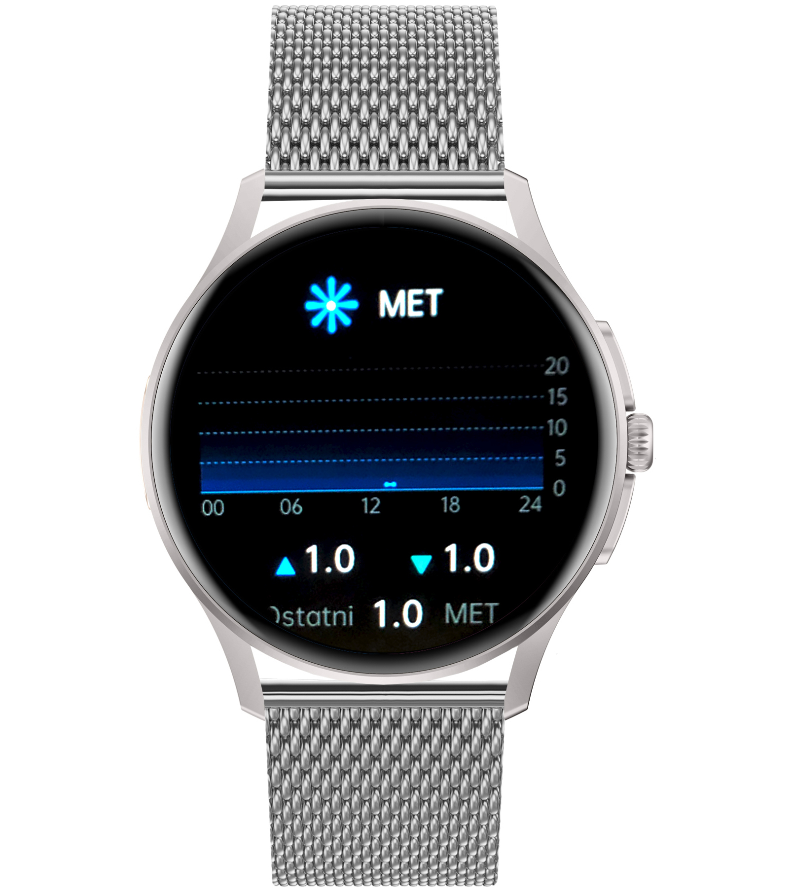 Damski smartwatch Enter Candice na srebrna bransolecie mesh z dostępną funkcją monitora stresu widoczną na tarczy