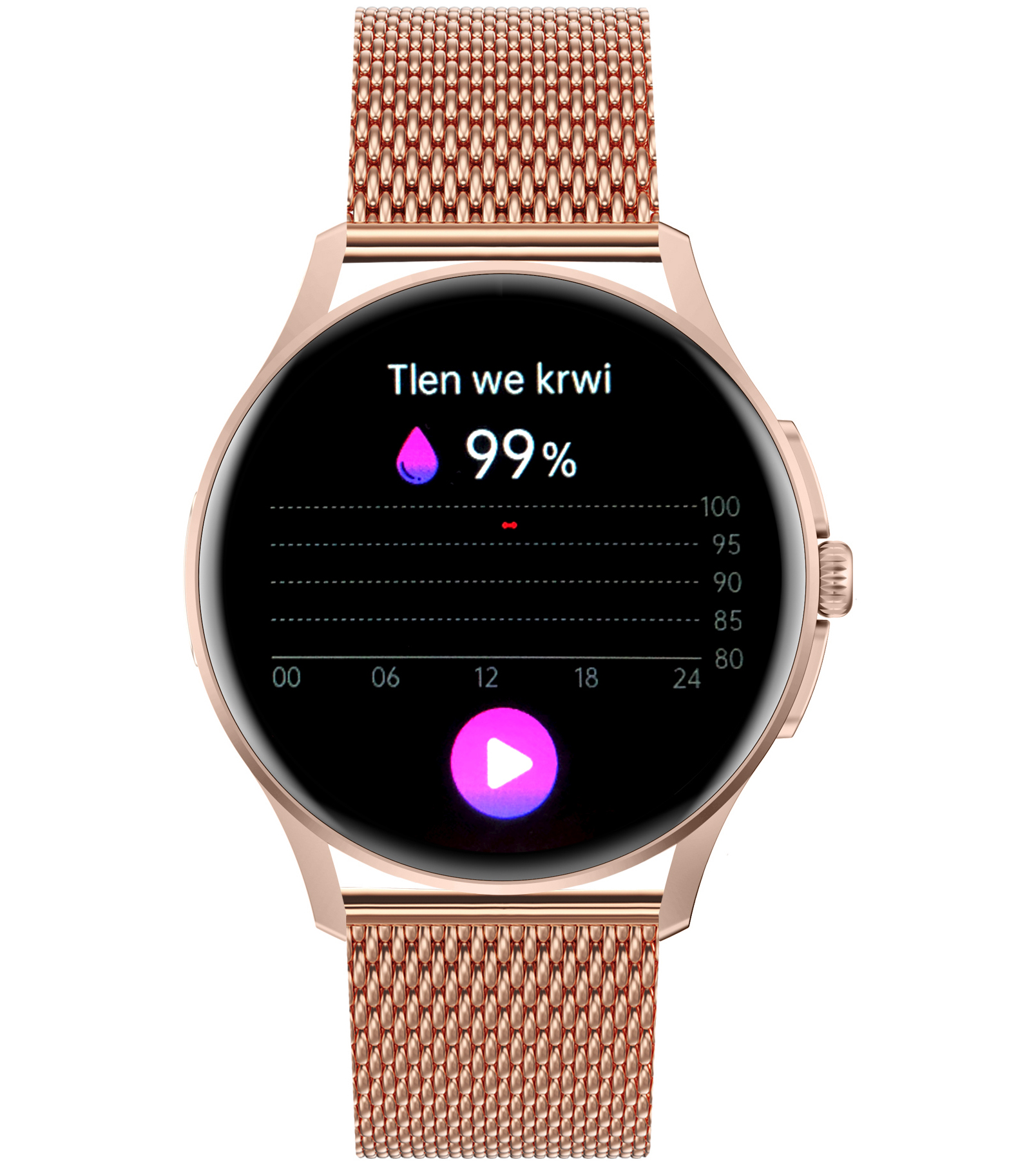 Damski smartwatch Enter Candice na rózowej bransolecie mesh pokazujący poziom tlenu we krwi wynoszący 99%