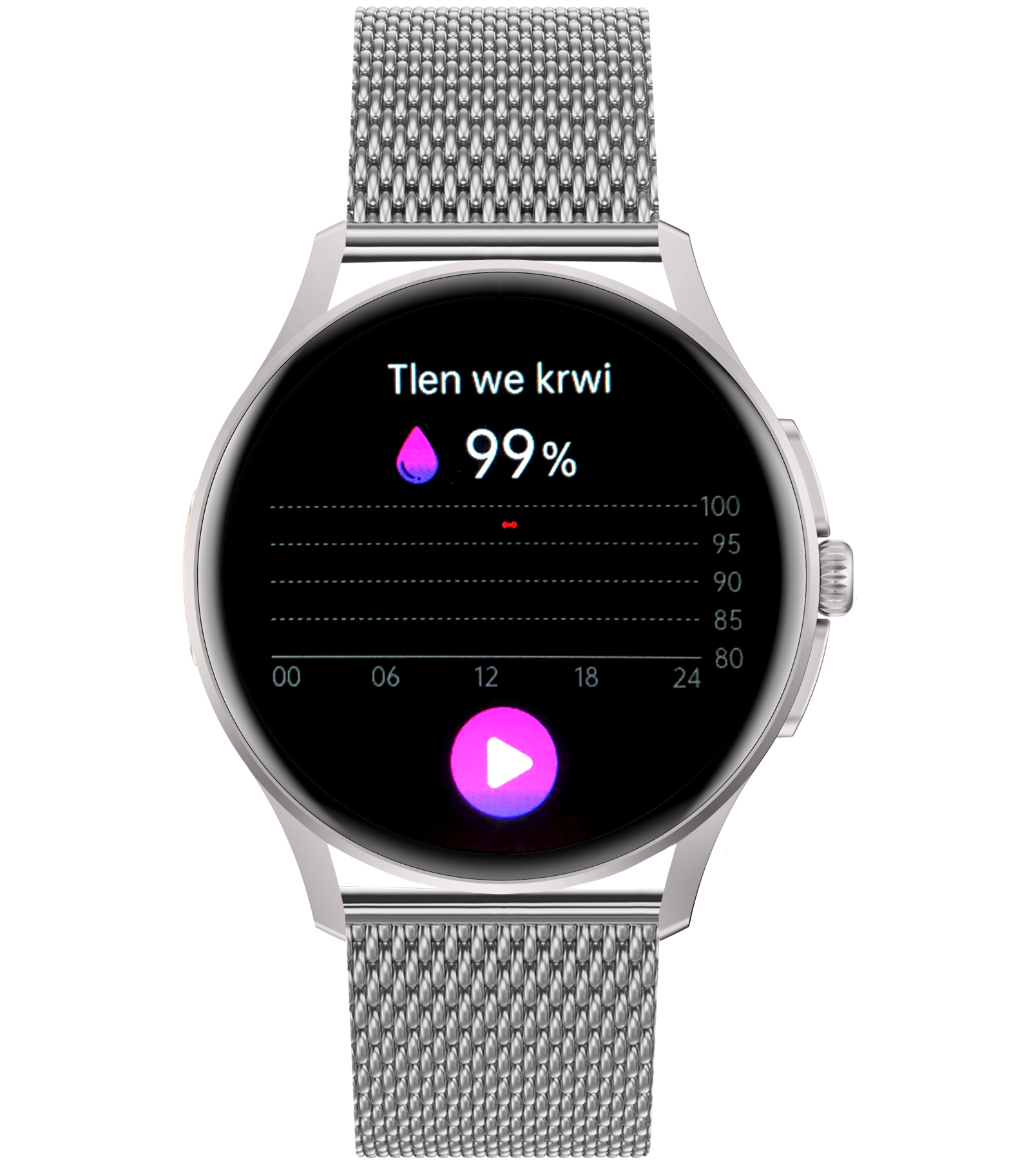 Damski smartwatch Enter Candice na srebrnej bransolecie mesh pokazujący poziom tlenu we krwi wynoszący 99%