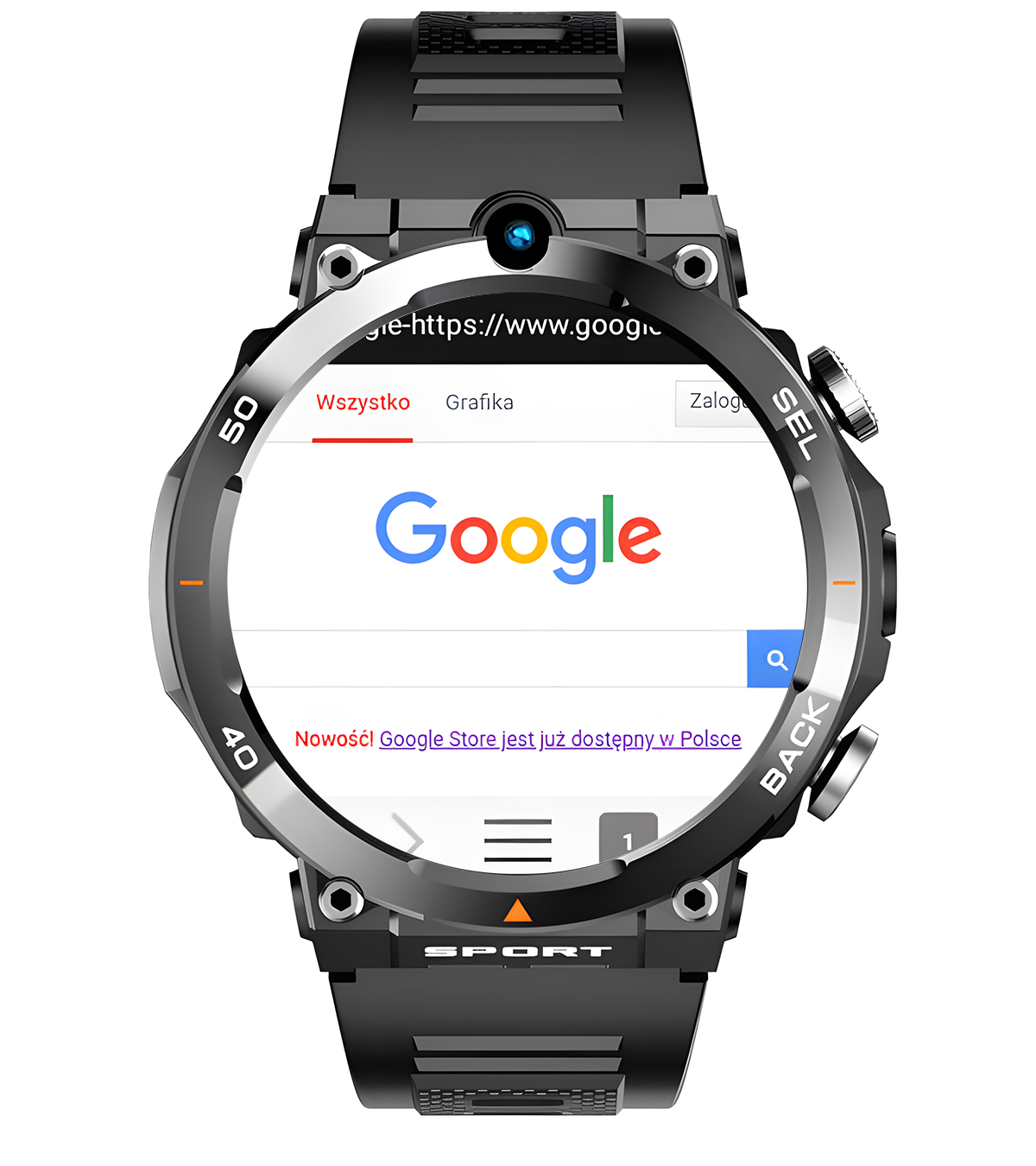 Inteligentny zegarek z otwartą stroną wyszukiwarki Google na kolorowym ekranie, otoczony metalową obudową i przyciskami.