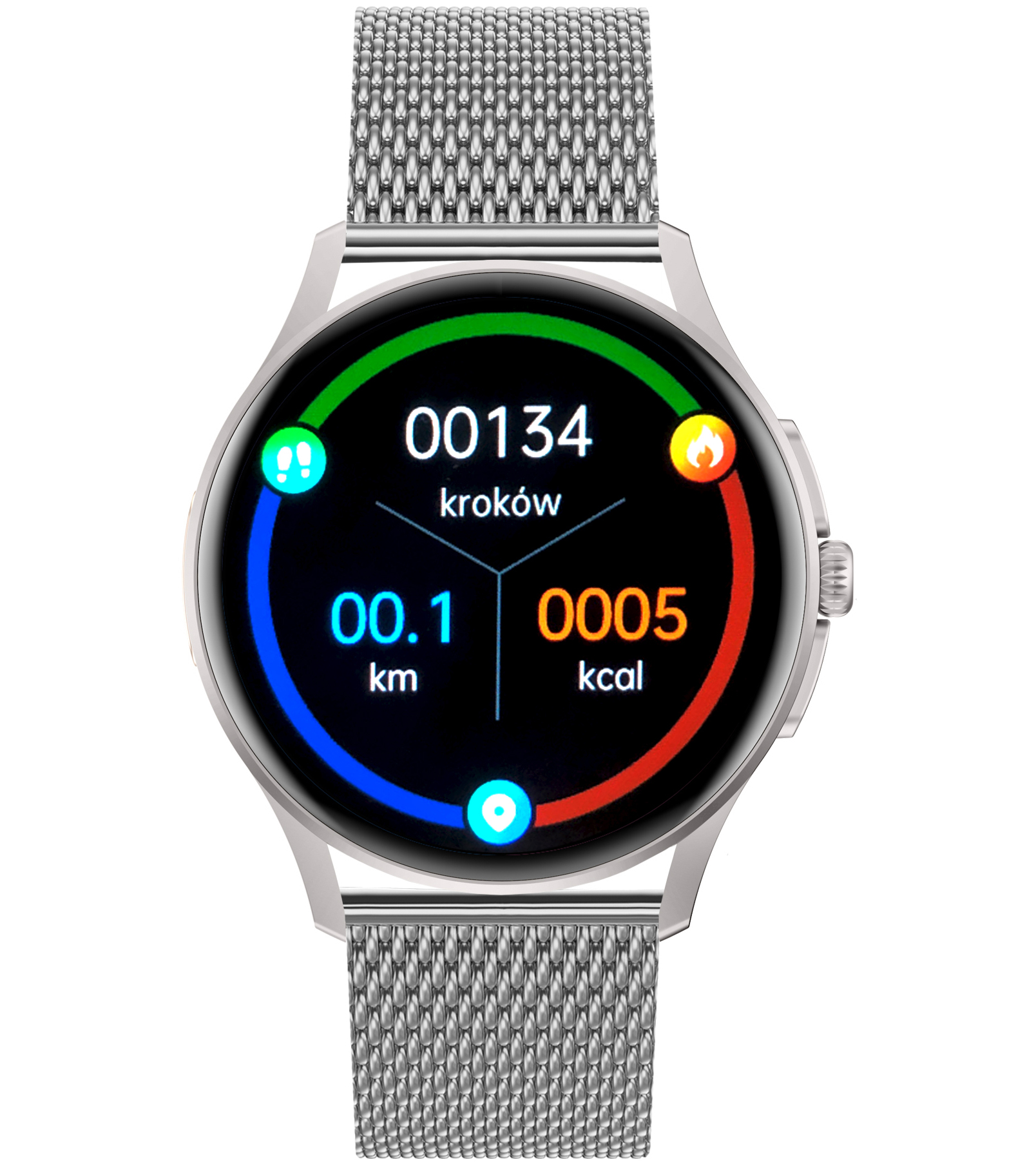 Damski smartwatch Enter Candice na srebrnej bransolecie mesh wyświetlający kroki, dystans i spalone kalorie