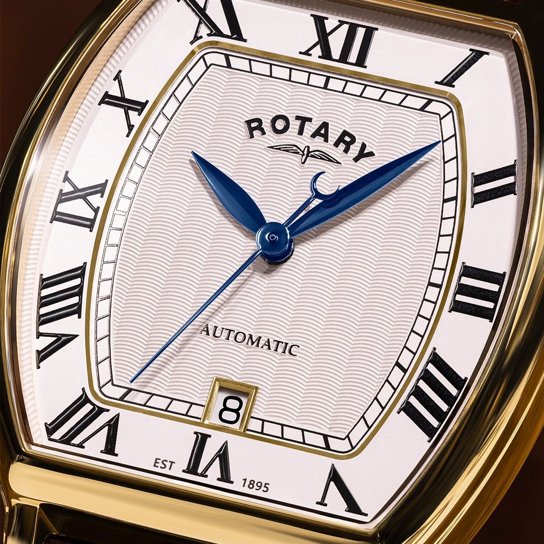 Błękitnione wskazówki zegarka Rotary 1895 Tonneau Automatic RGS10060/01