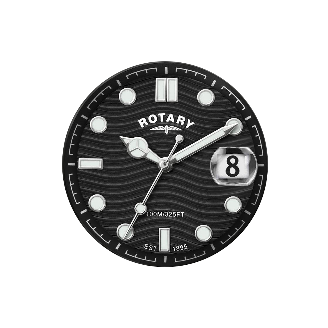 Czarna falowana tarcza z soczewką nad datownikiem zegarka Rotary Apex100 RGB10015/04