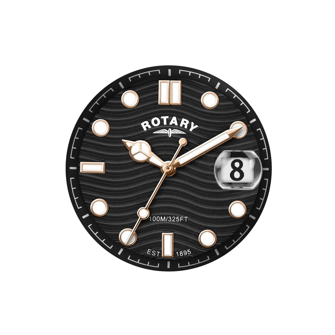 Czarna falowana tarcza z soczewką zegarka Rotary Apex100 RGB10016/04