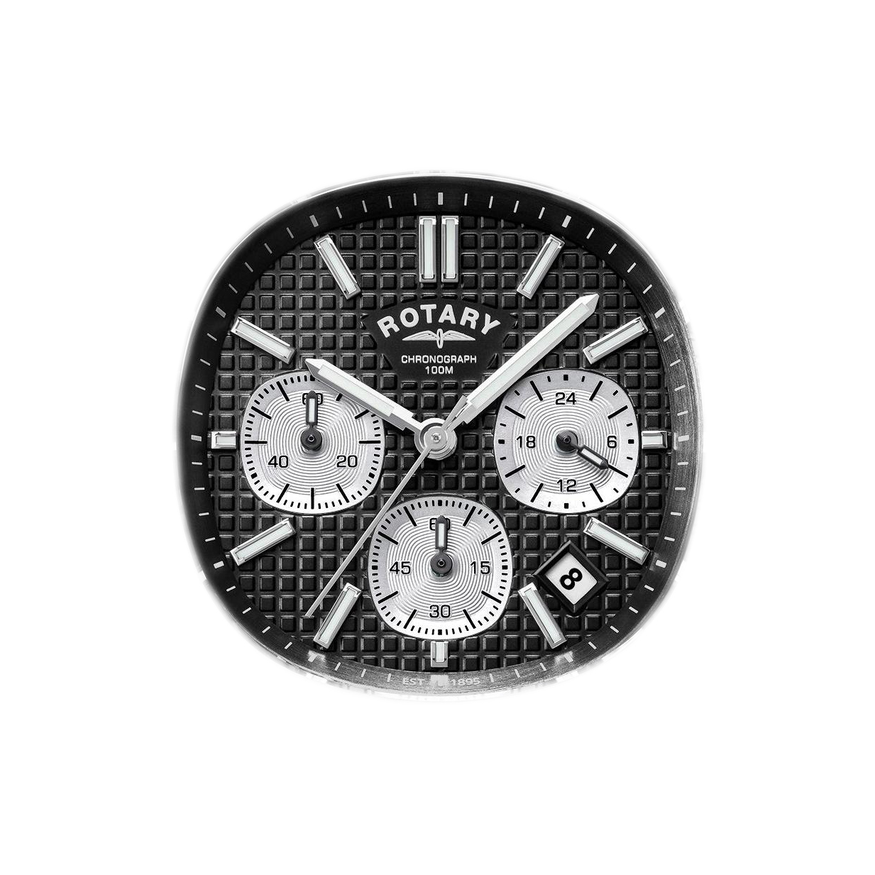 Czarna tarcza tapisserie zegarka Rotary Apex100 Chronograph RGB10027/04