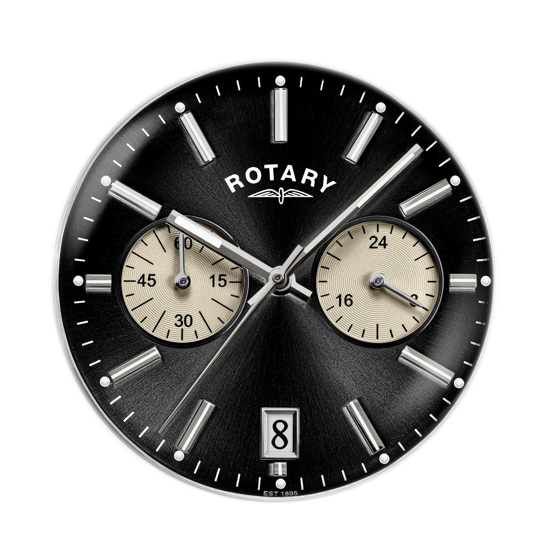 Czarna tarcza z kremowymi subtarczami zegarka Rotary 1895 Chronograph RGS10067/04
