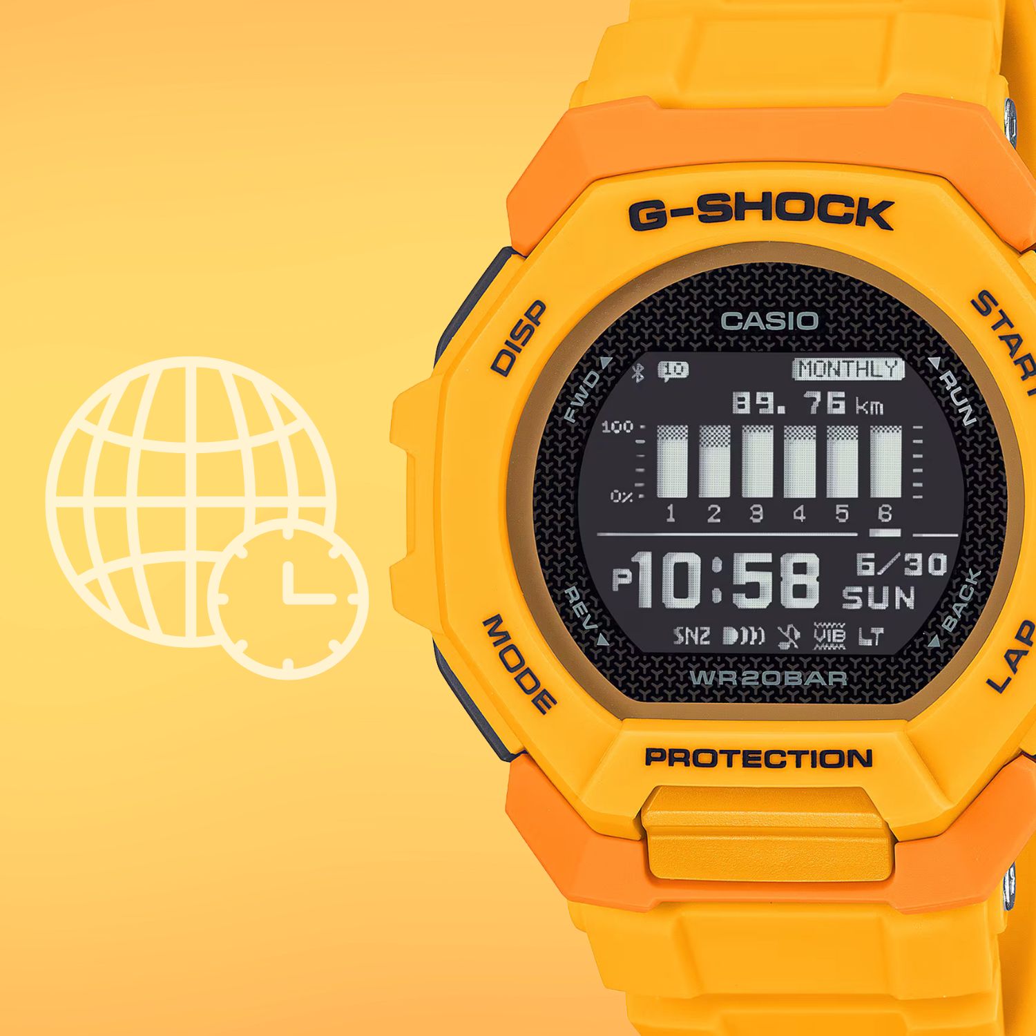 Czas światowy w zegarku G-SHOCK Casio G-SQUAD BLUETOOTH SYNC STEP TRACKER GBD-300-9ER