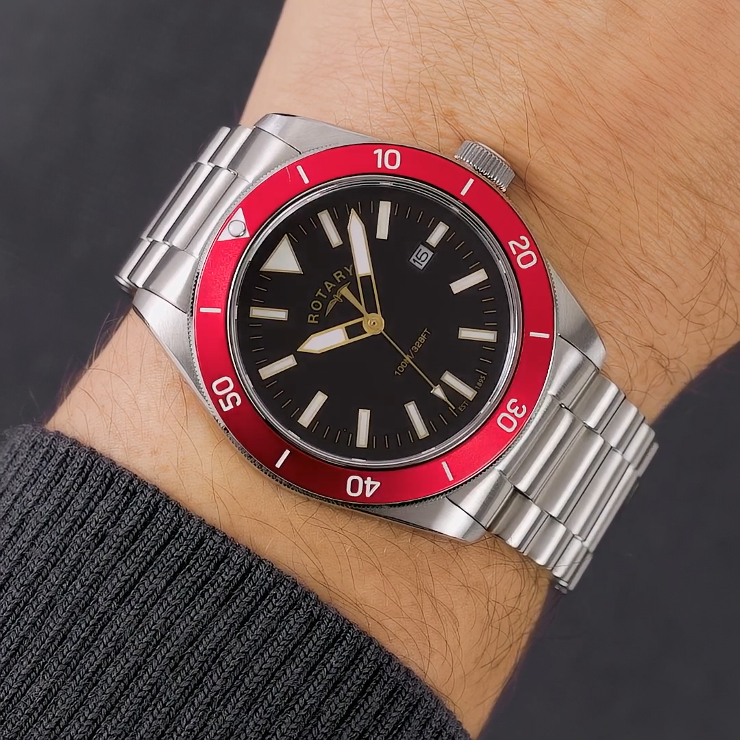 Czerwony jednokierunkowy bezel zegarka Rotary Apex100 RGB10001/98
