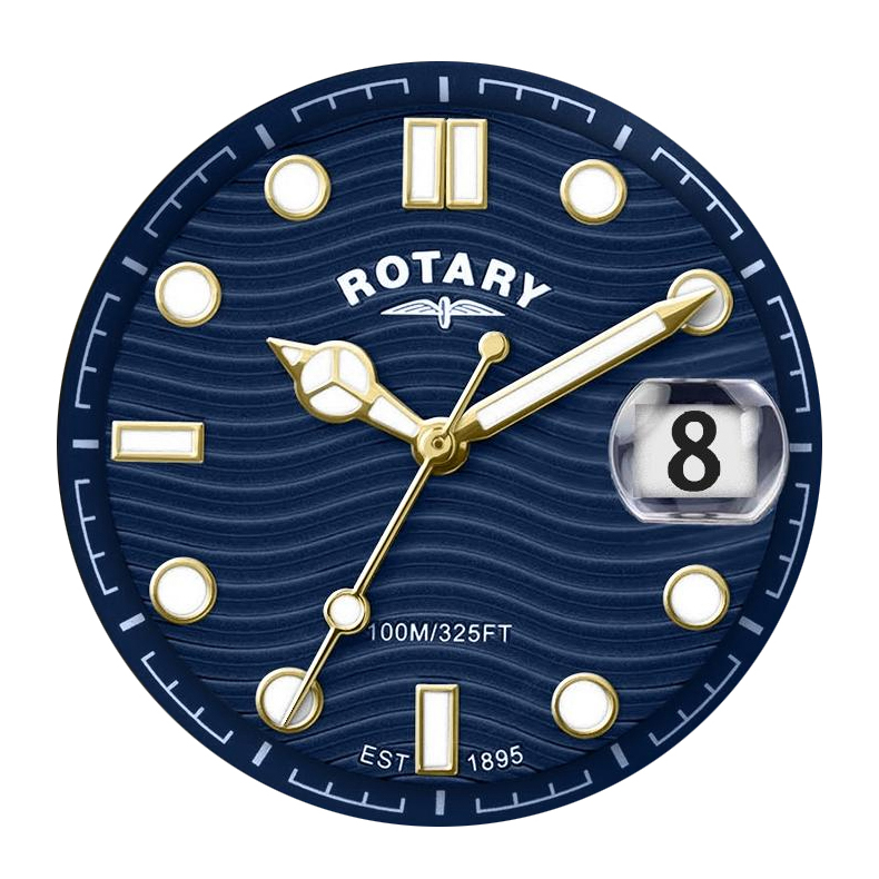 Niebieska falowana tarcza z soczewką zegarka Rotary Apex100 RGB10018/05