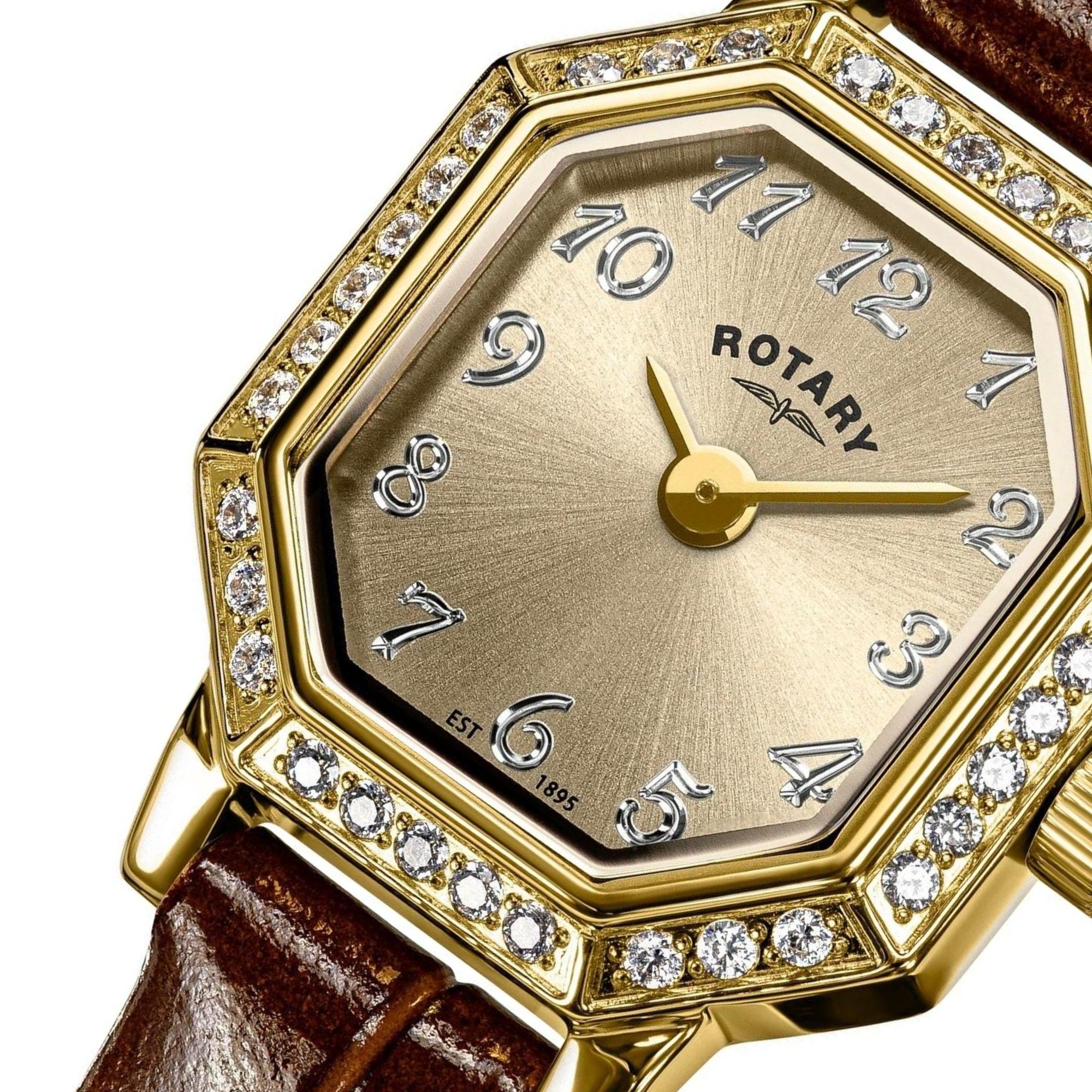 Ośmiokątny kryształkowy bezel zegarka Rotary RLS10056/03
