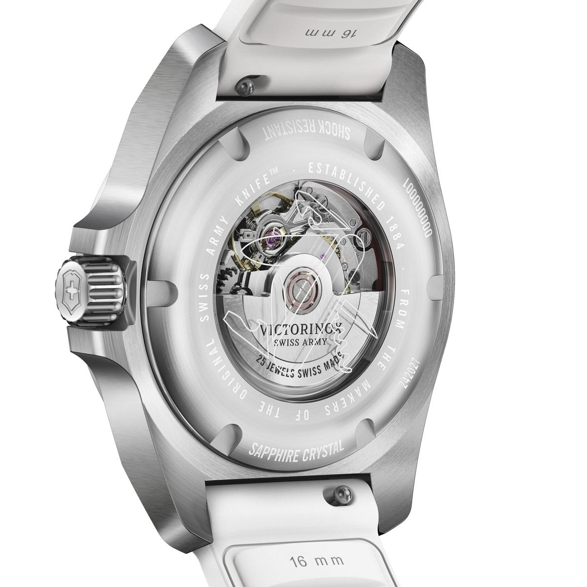 Przeszklony dekiel zegarka Victorinox I.N.O.X. Small Automatic z rysunkiem scyzoryka