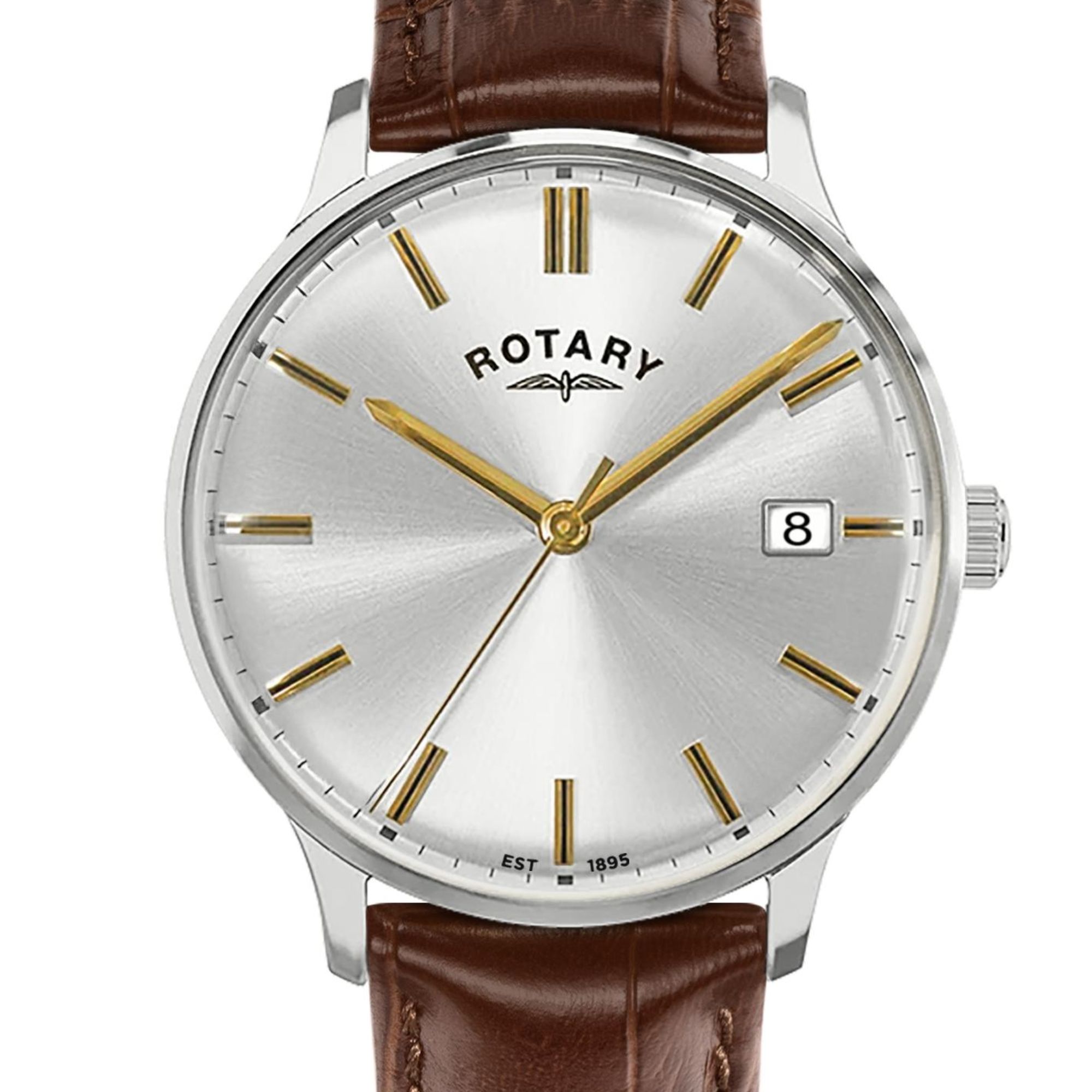 Srebrna tarcza ze złotymi wskazówkami zegarka Rotary 1895 RGS10011/06