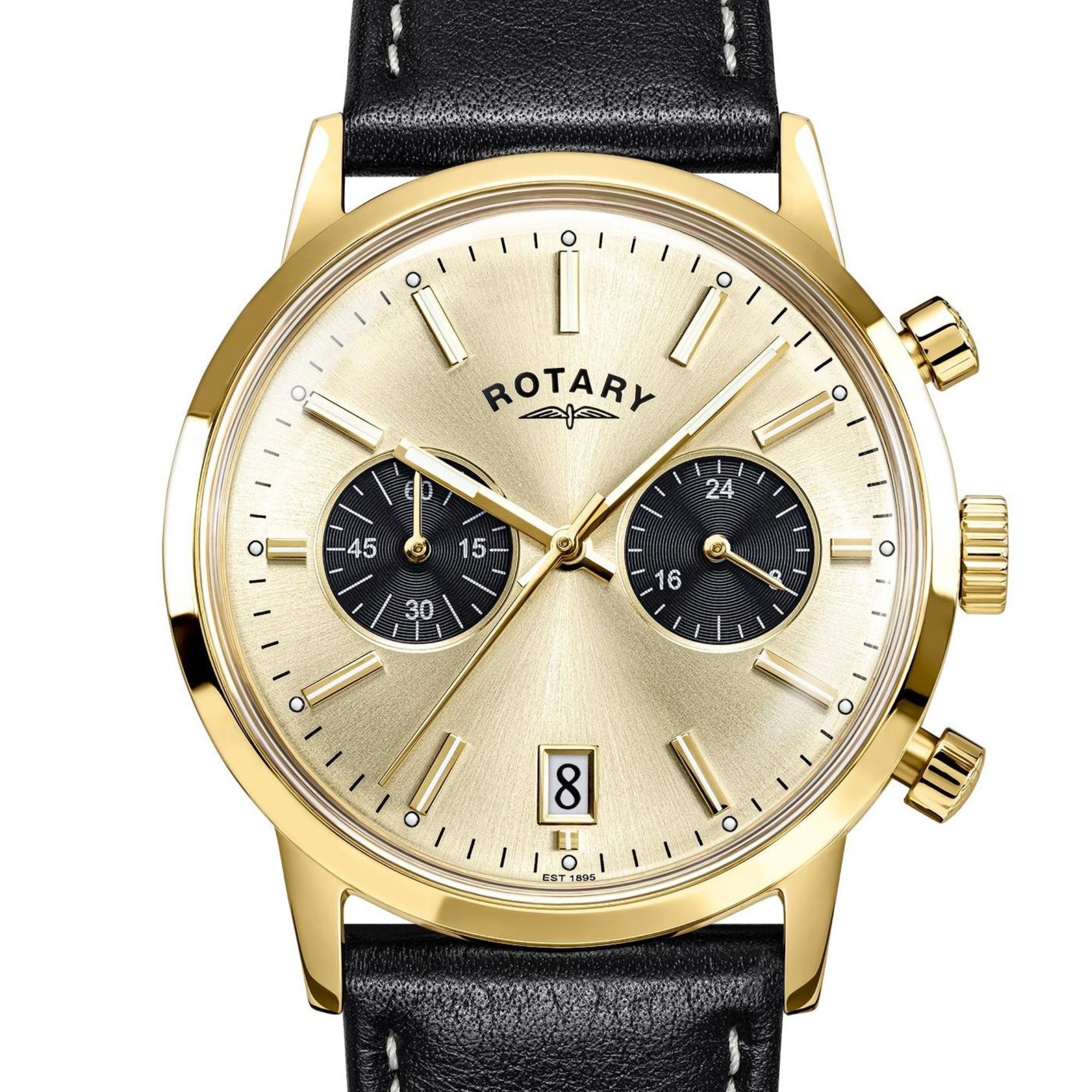 Szampańska tarcza panda z czarnymi subtarczami zegarka Rotary 1895 Chronograph RGS10068/03
