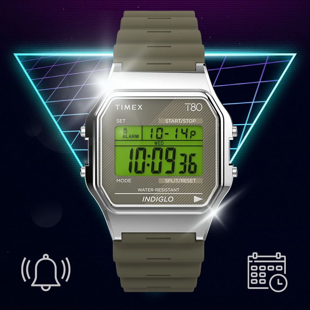Datownik i alarm w zegarku Timex T80 w zielonej odsłonie