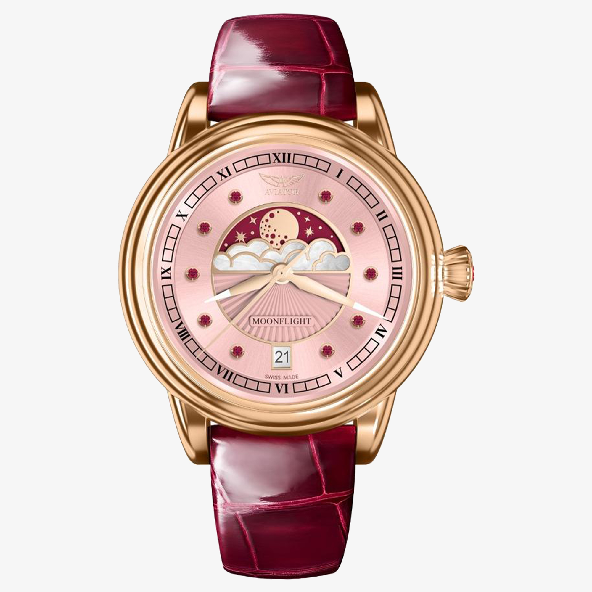 Zegarek Aviator Douglas Moonflight Gemstone Edition Pink Red Ruby damski V.1.33.2.418.4