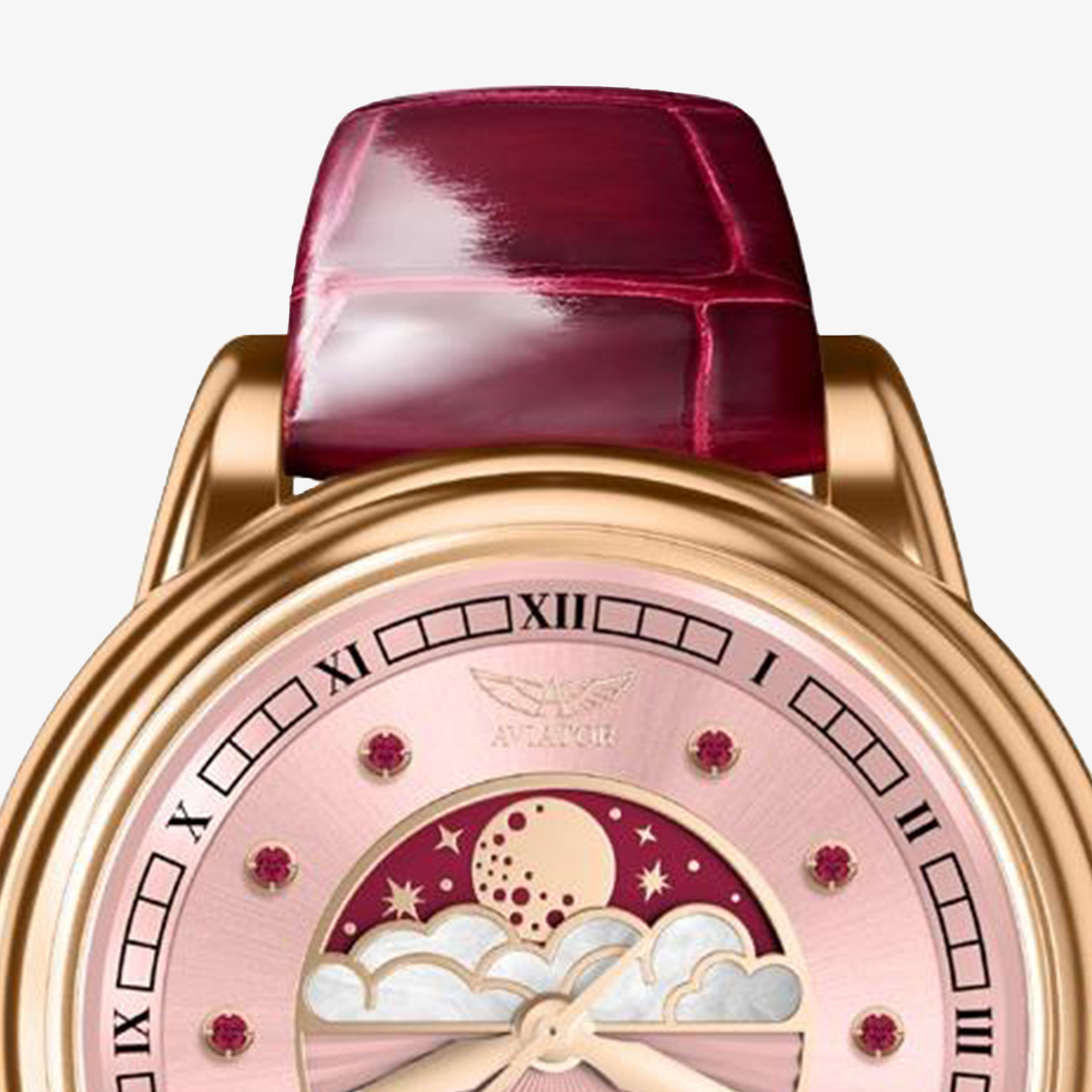 Bordowy pasek ze skóry w zegarku Aviator Moonflight Gemstone Edition
