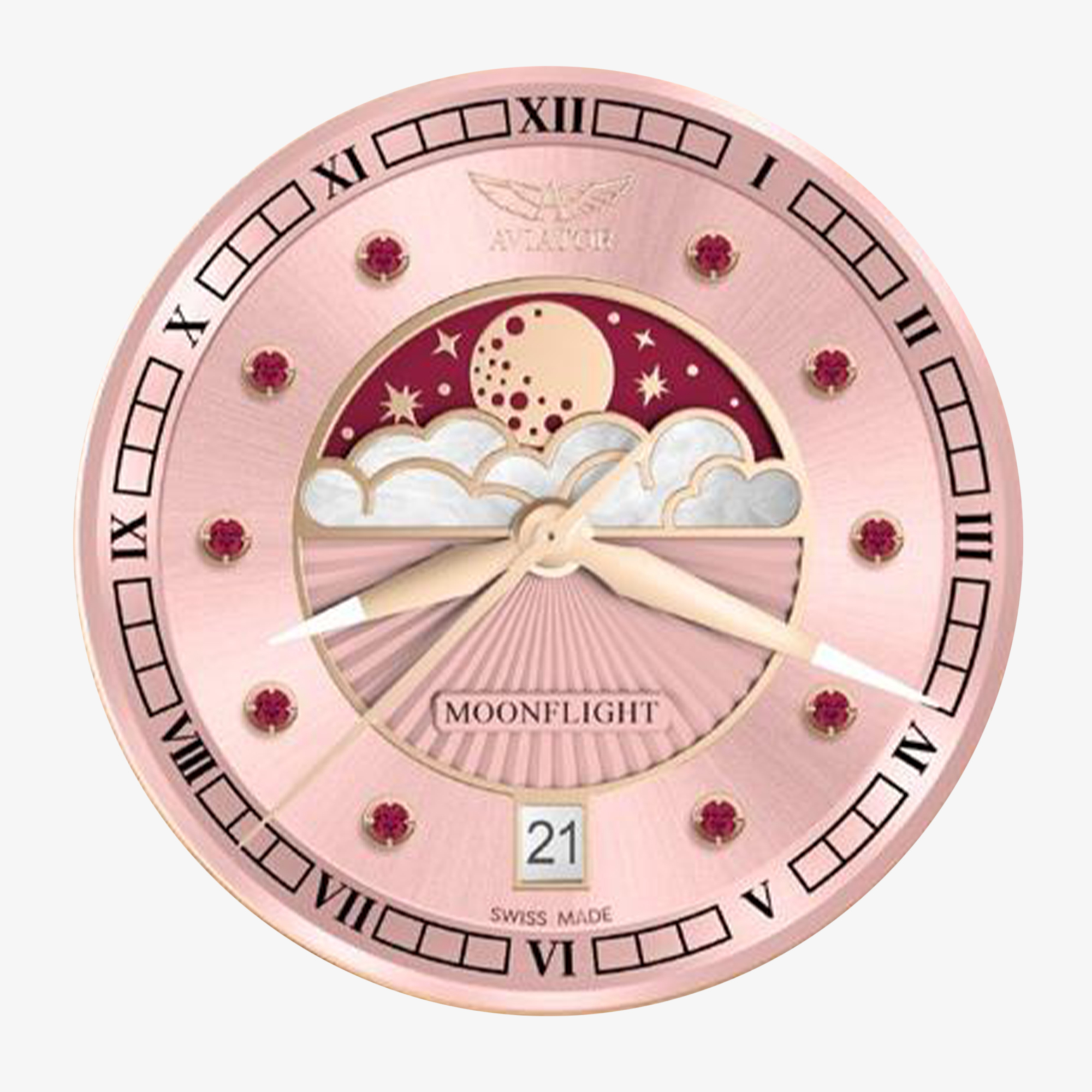 Różowa tarcza ze szlifem słonecznym i z rubinami w zegarku Aviator Moonflight Gemstone Edition