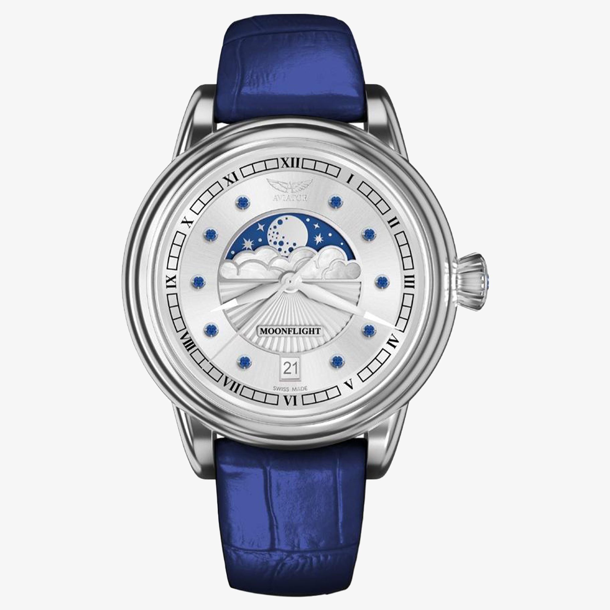 Zegarek Aviator Douglas Moonflight Gemstone Edition Silver Blue Sapphire V.1.33.0.415.4