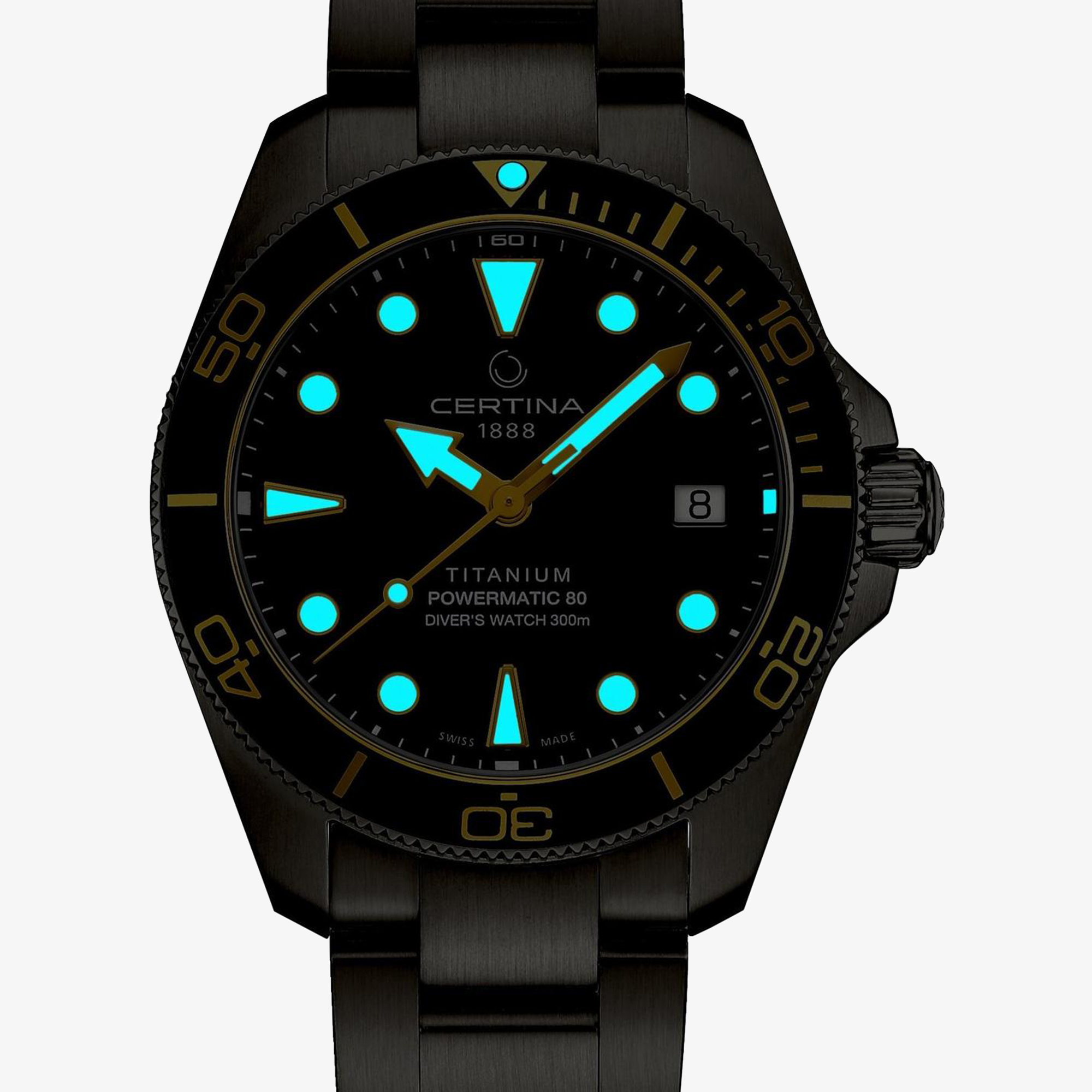 Zegarek Certina DS Action Diver 38mm Powermatic 80 z substancją Super-LumiNova na wskazówkach i indeksach