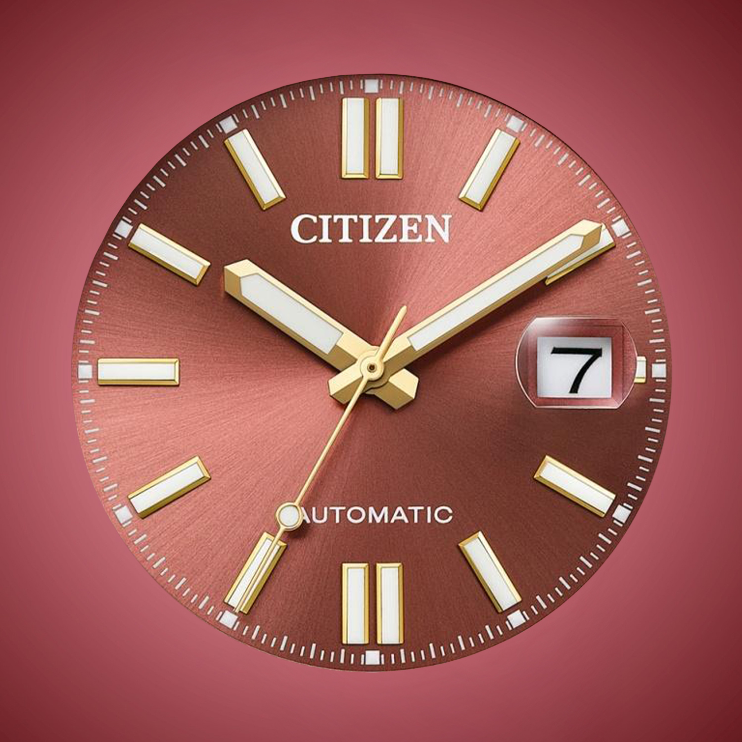Czerwona tarcza zegarka Citizen Tsuyosa Shore Automatic z datownikiem