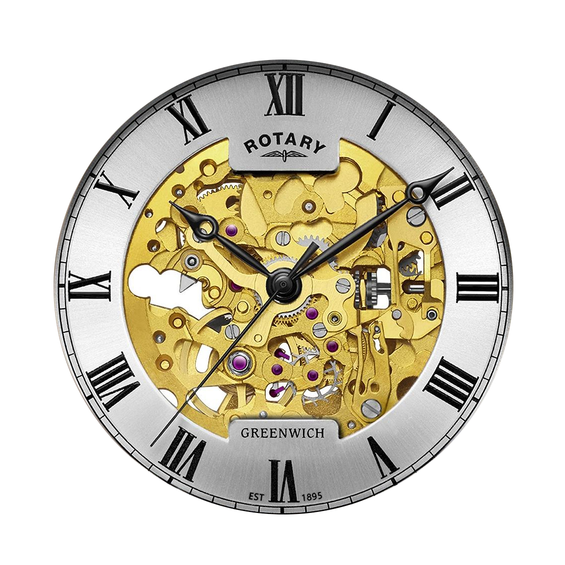 Złocony szkieletowy mechanizm zegarka Rotary Greenwich GB02941/03
