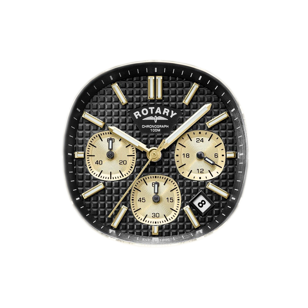 Złote liczniki chronografu zegarka Rotary Apex100 Chronograph RGB10032/04