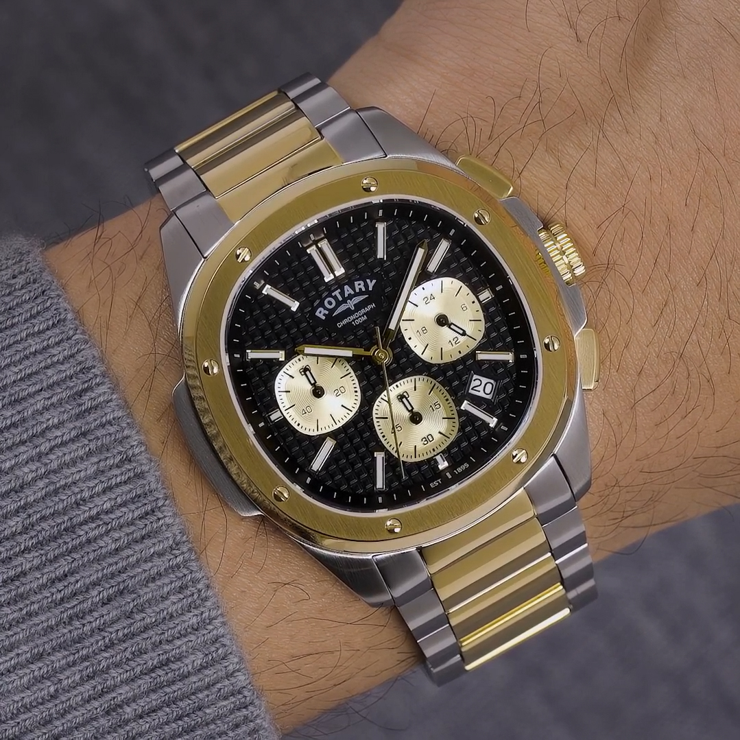 Złoty bezel ze śrubami zegarka Rotary Apex100 Chronograph RGB10032/04