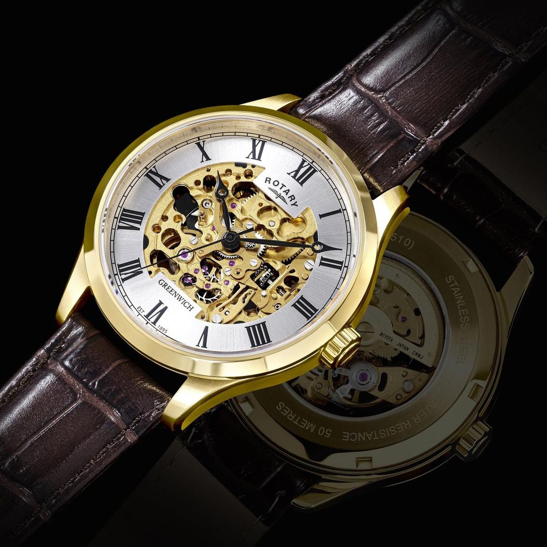 Złoty szkieletowy mechanizm zegarka Rotary Greenwich GS02941/03
