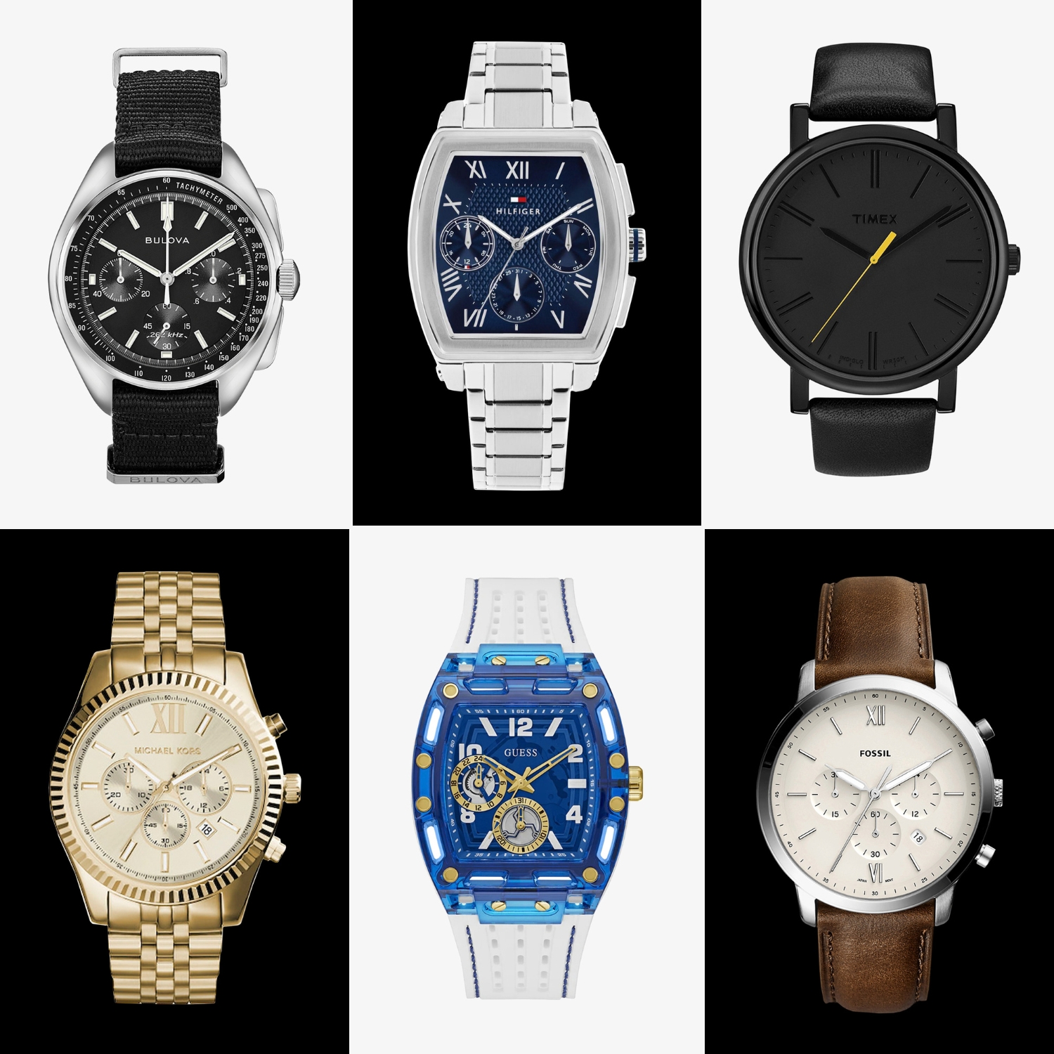 ześć zegarków amerykańskich marek obok siebie: Timex, Fossil, Bulova, Tommy Hilfiger, Guess i Michael Kors