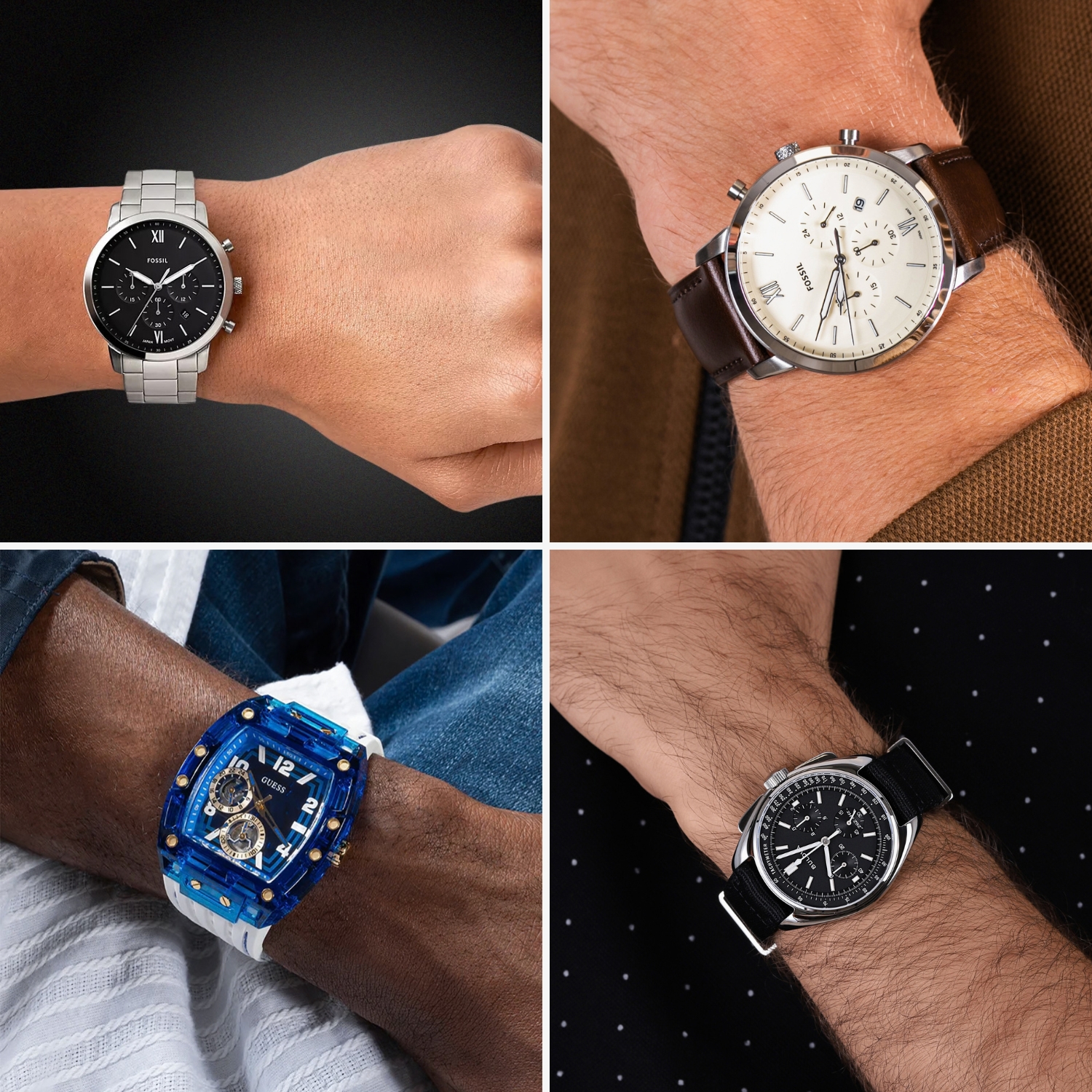 Cztery zegarki na nadgarstkach: Fossil FS5380 na skórze, Bulova Lunar Pilot na NATO, niebieski Guess Phoenix i Fossil FS5384