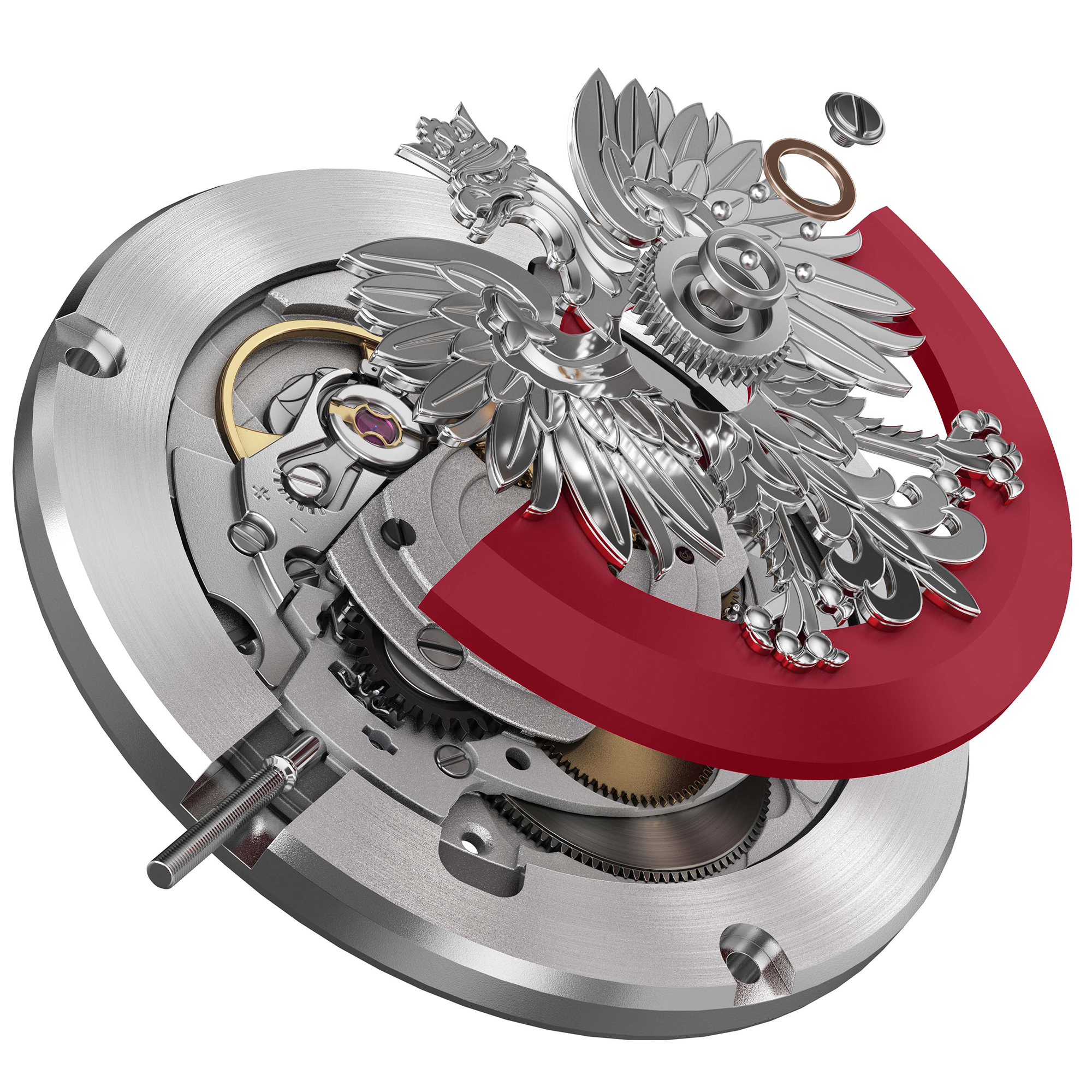 Mechanizm zegarka Aviator Polska Edycja Stanisłąw Skarżyński z automatycznym naciągiem i kształtem Orła Białego
