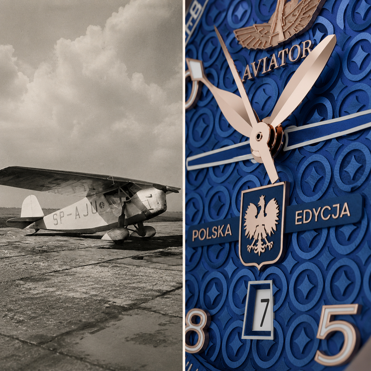Skrzydłą samolotu RDW-5bis na tarczy zegarka Aviator Stanisław Skarżyński